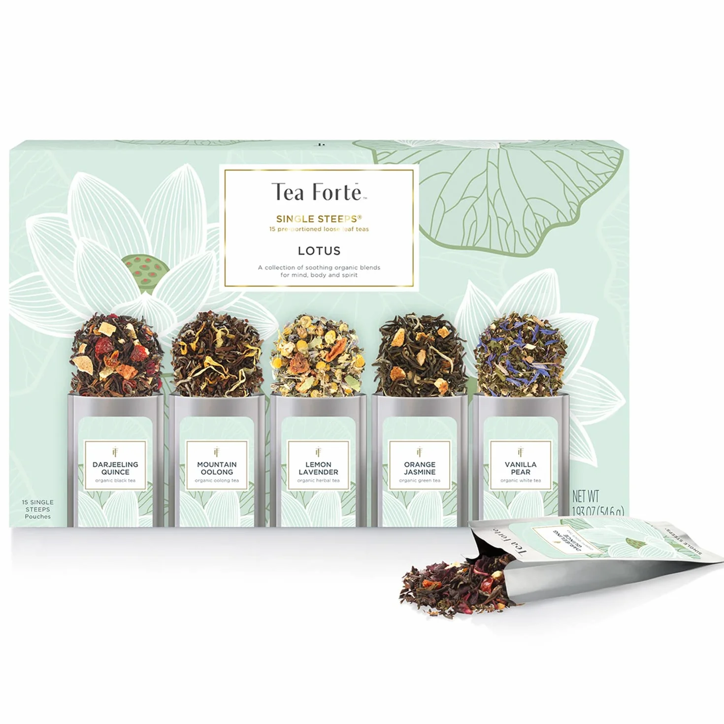 Té Hojas Sueltas Flor de Loto de UN SOLO USO de Tea Forte, Caja de Té Variado, 15 Bolsas de Un Solo Uso - Té Negro, Té Verde, té Oolong, Té Blanco, Té de Hierbas
