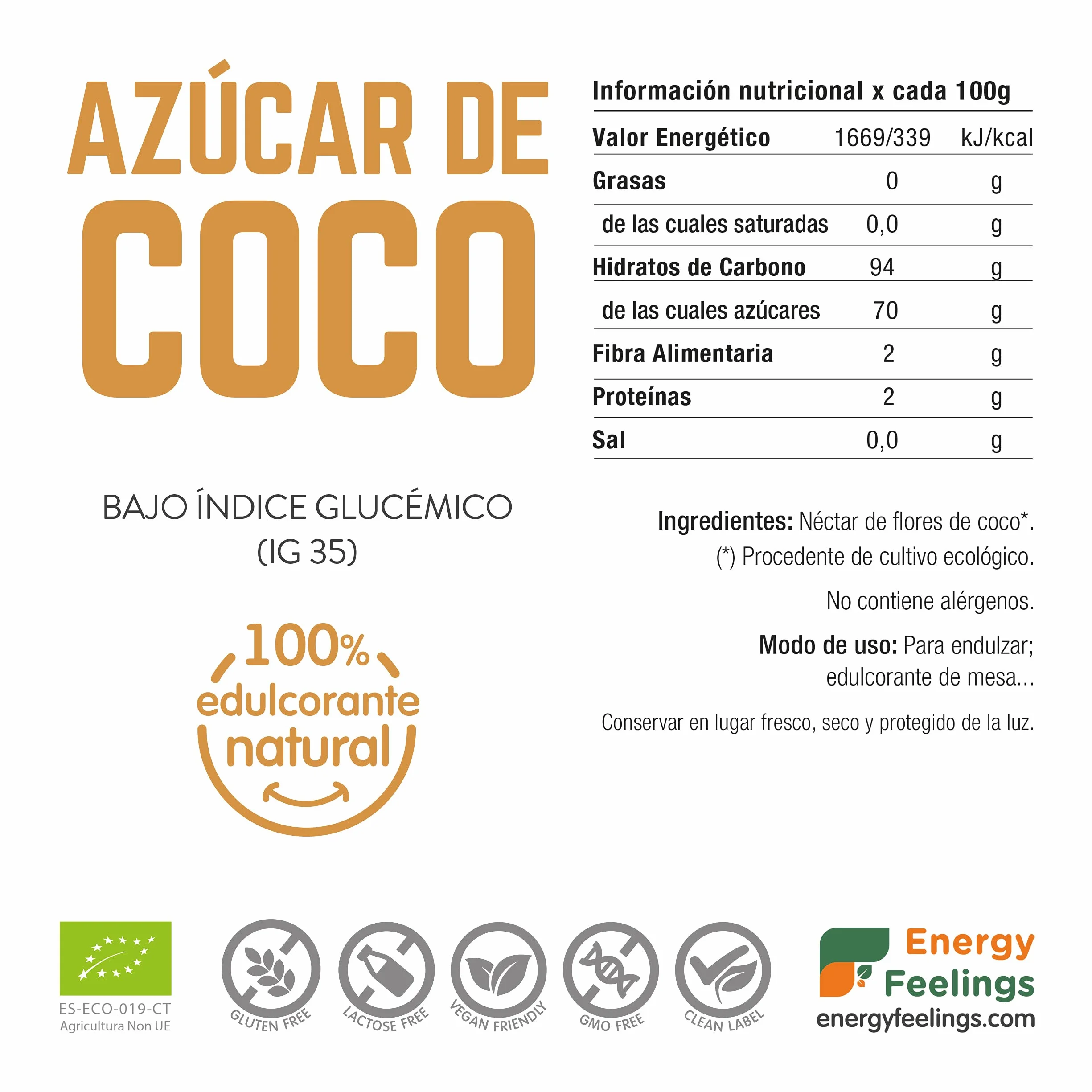 Energy Feelings Azúcar de Coco ECO - 1000 gr, Vegano, Ecológico y Natural, Ligero Sabor a Caramelo, Rico en Vitaminas, Glutamina, Potasio, Hierro y Magnesio, Apto para Control de Peso, Pack XXL
