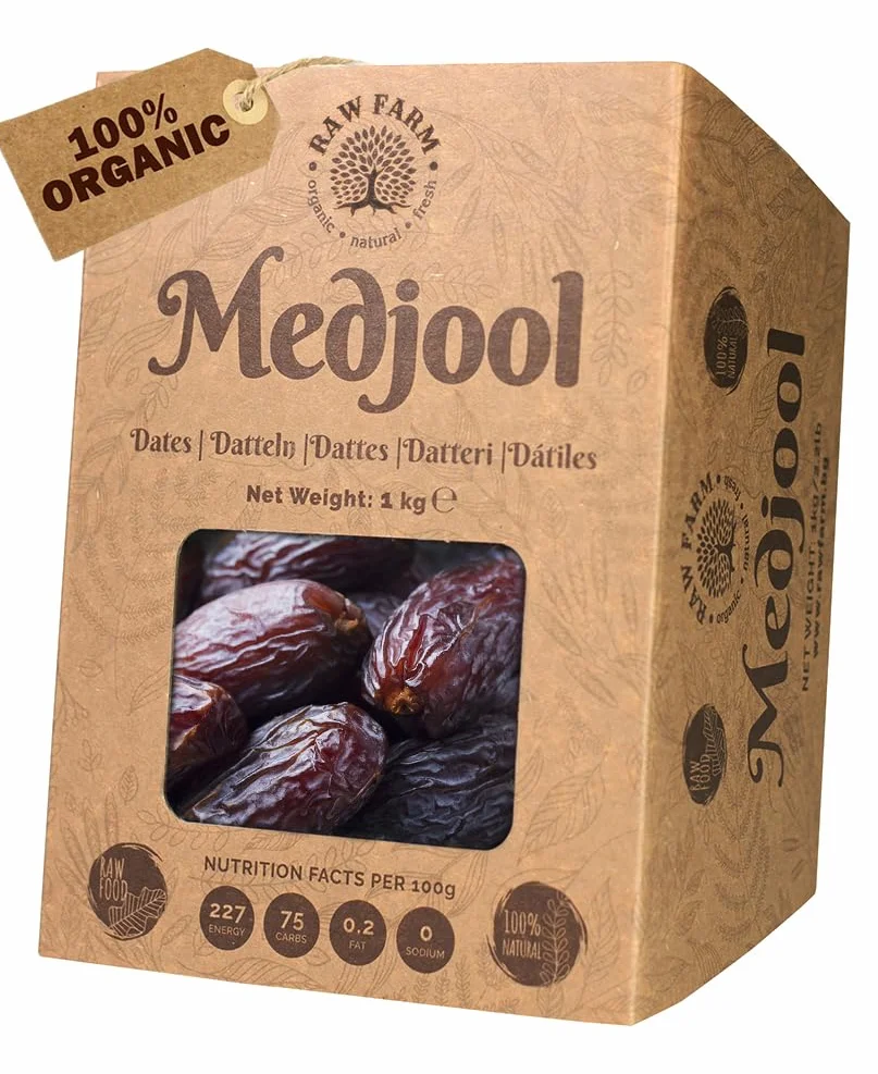 Raw Farm Dátiles frescos orgánicos Medjool, Tamaños Medianos Seleccionados con piedras 1 kg