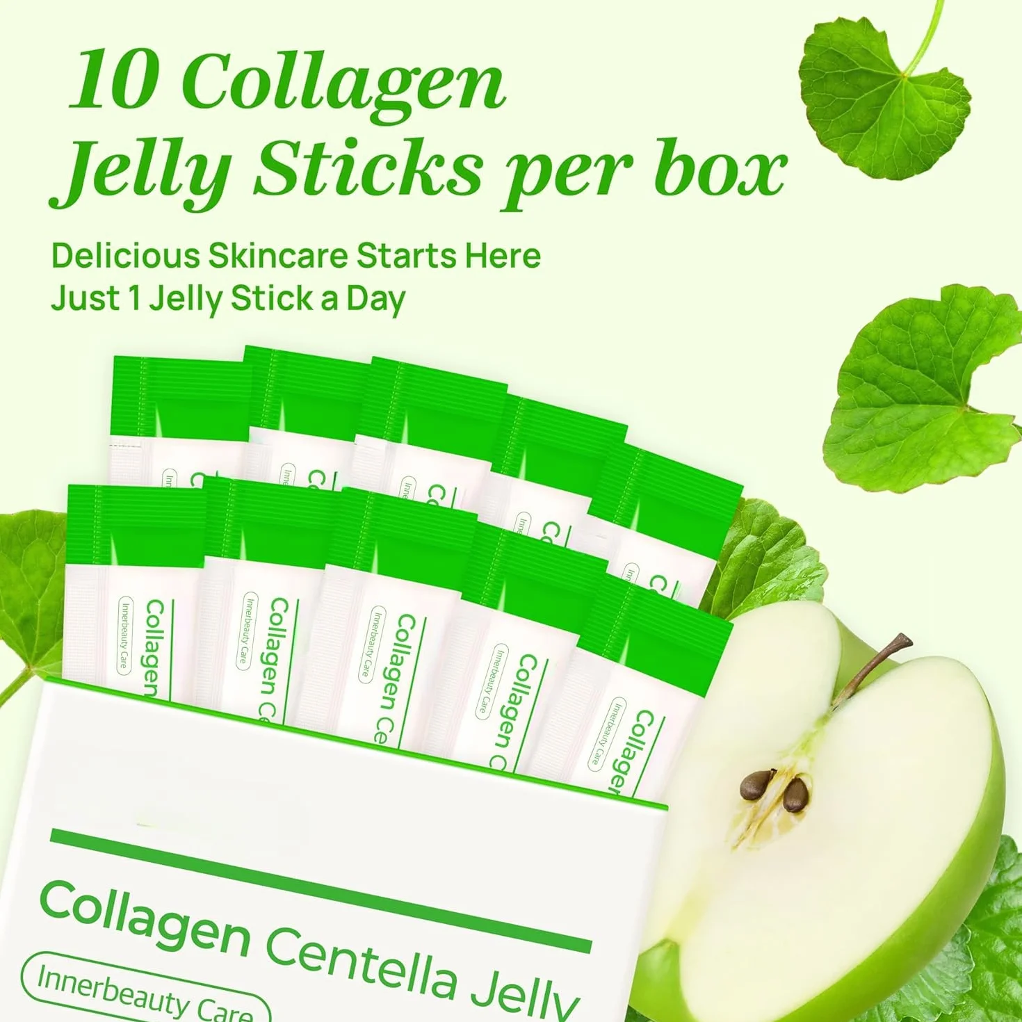 Centella|Jalea de colágeno, ayuda a hidratar y promover una piel sana, fortalecer el cabello y las uñas, gelatina con sabor a manzana verde rica en vitaminas