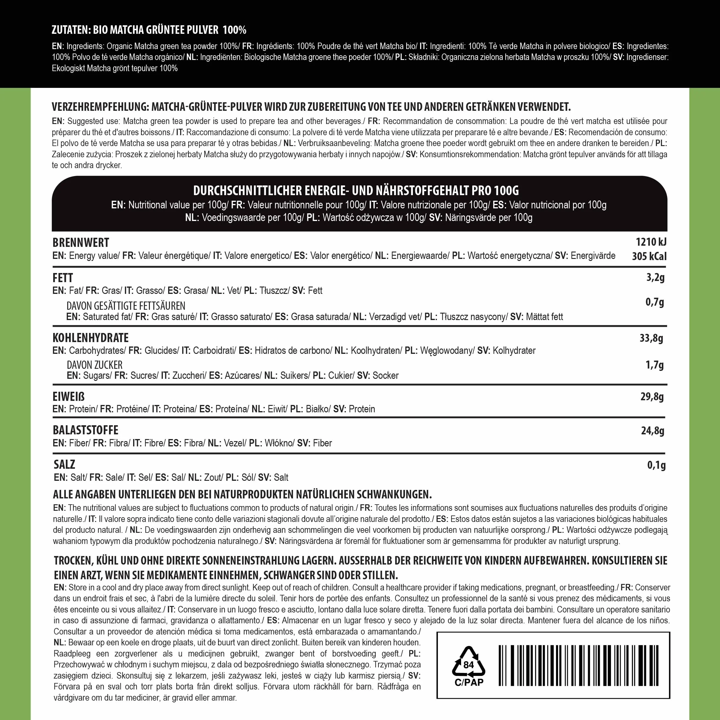 Alpi Nature Matcha Orgánica en Polvo 200g, Té Verde Matcha de Primera Calidad con Cafeína Natural