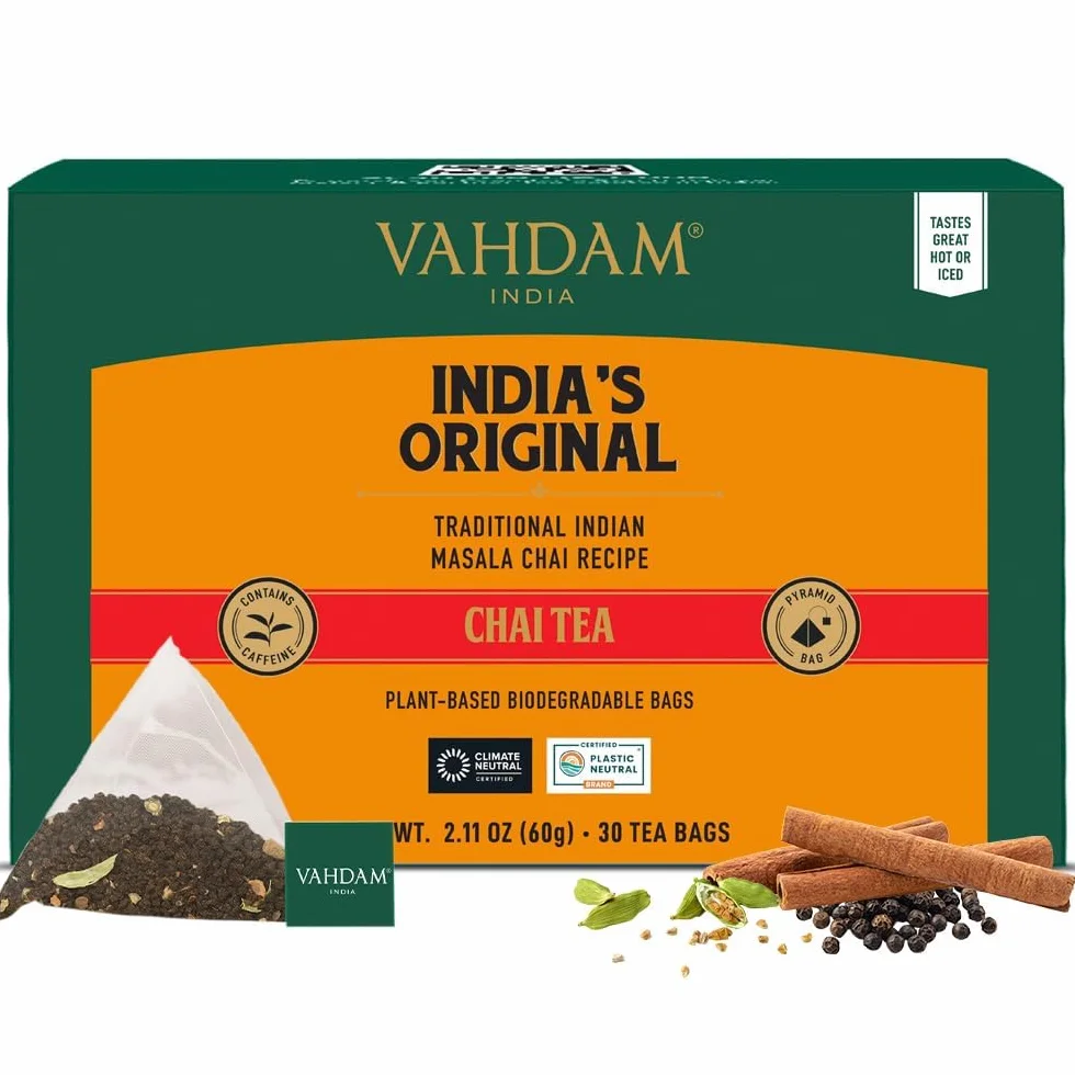 VAHDAM, Original Masala Chai Té (30 Piramidales Bolsitas De Té) Masala Chai | Bolsa De Con Especias Chai | 100% Pura Y Natural | Caliente, Frío O Como Kombucha