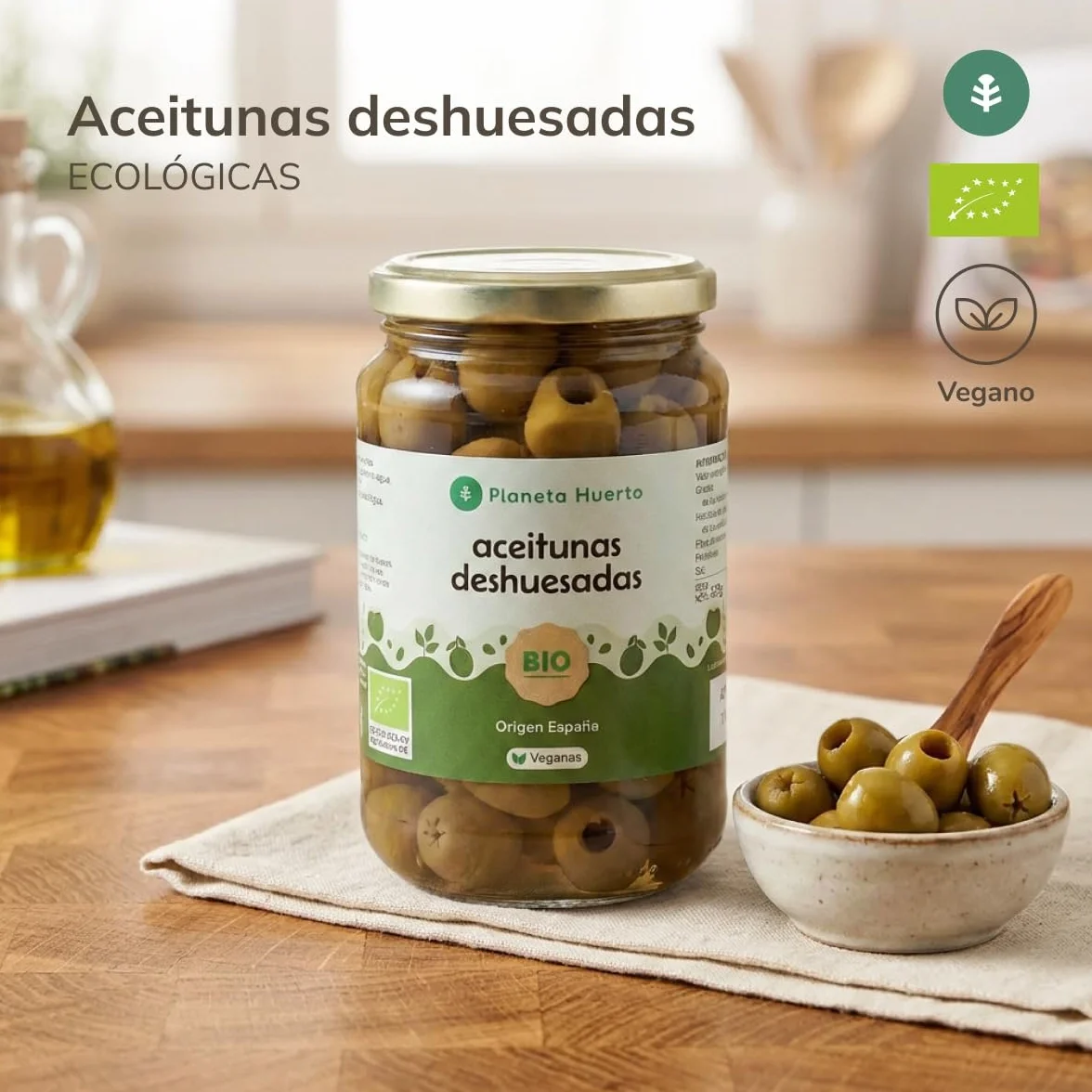 PLANETA HUERTO | Aceitunas verdes deshuesadas ecológicas Eco 335 g - Aceitunas Conservadas en salmuera natural con limón, 100% agricultura ecológica