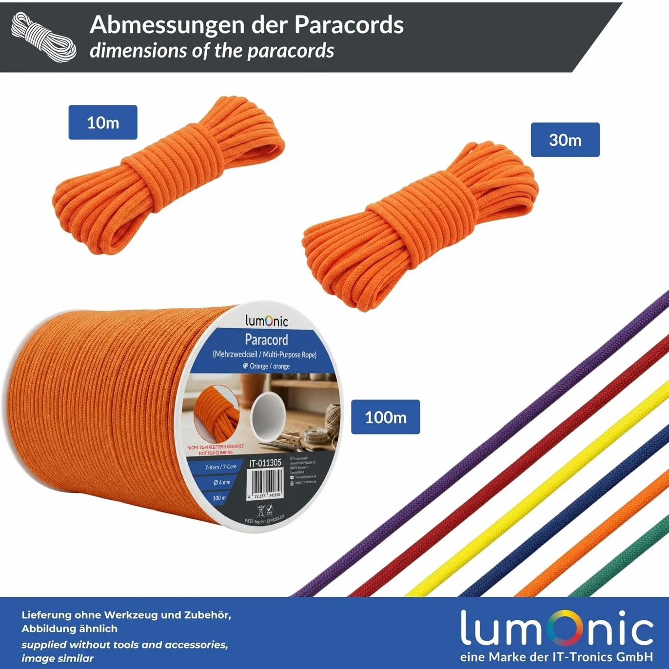 Lumonic 10m Paracord 4mm Amarillo fluorescente 100% nailon 7 núcleos 32 filamentos 250 kg