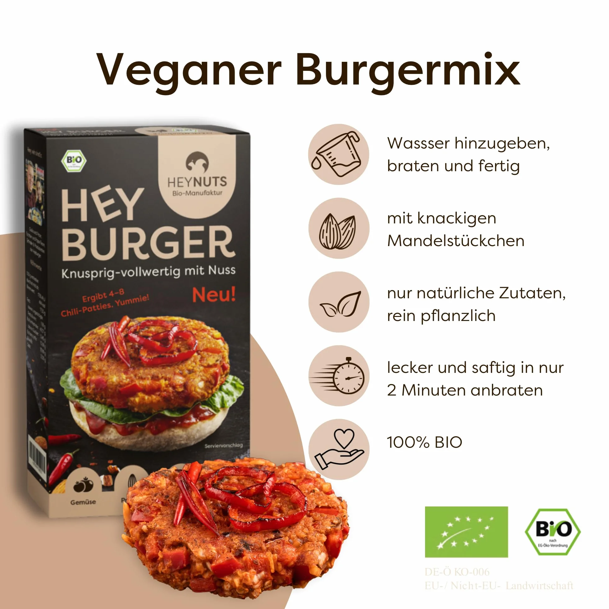 HEYBURGER hamburguesa vegana para verduras, sabor chilli, 100% natural, certificada orgánica, alto contenido de proteínas, fabricación - alto contenido de proteínas, orgánico, sin aditivos, delicioso