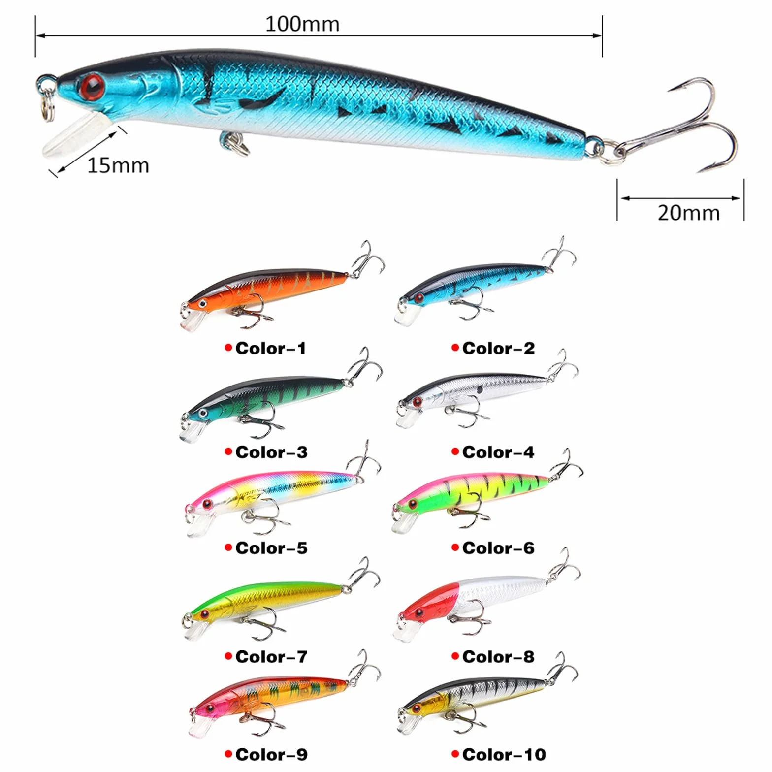 Señuelos de Pesca 10 Piezas Plástico Duro Ojos 3D para Agua Salada y Dulce