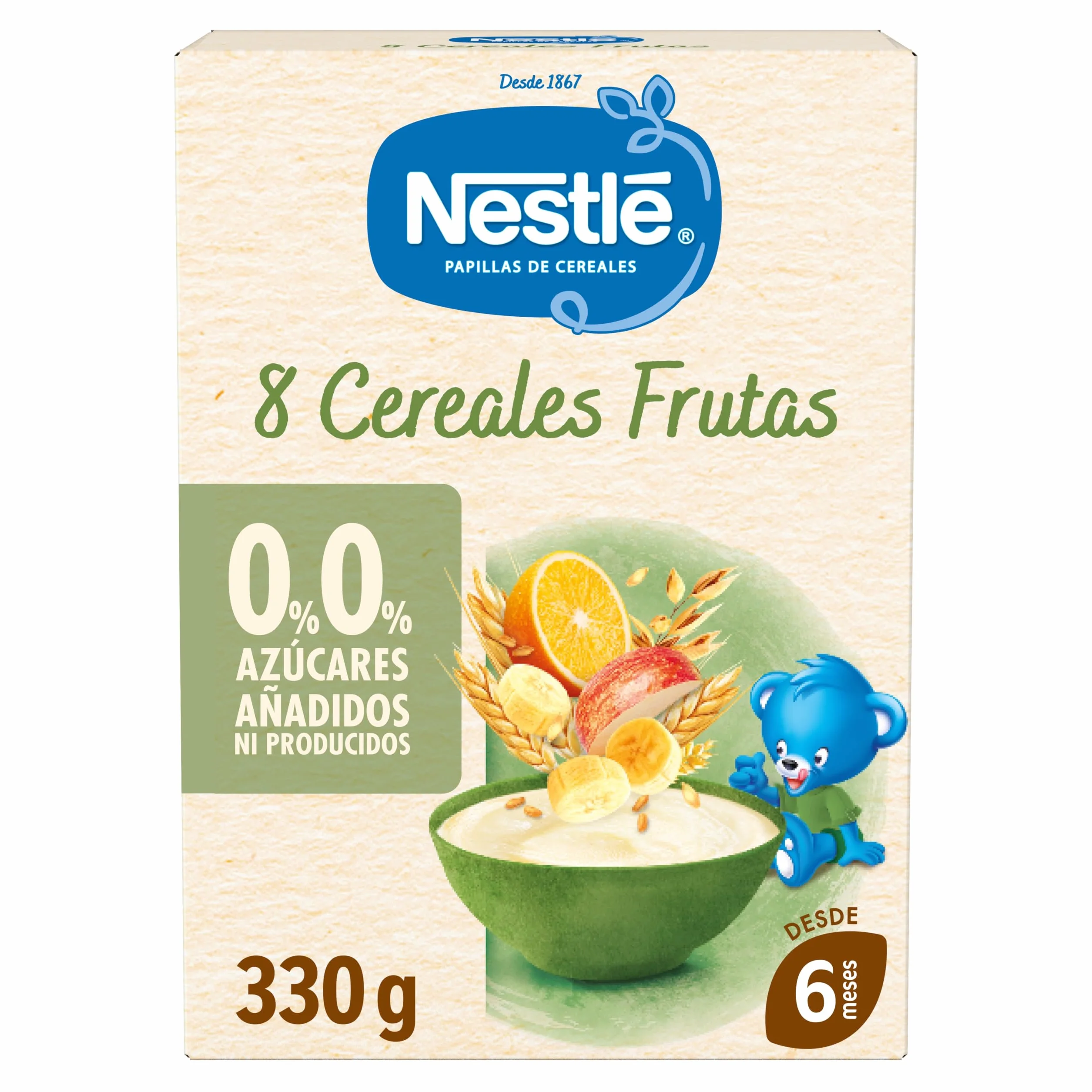 NESTLÉ Papilla 8 Cereales con Fruta 330g, sin azúcares añadidos, pack de 8