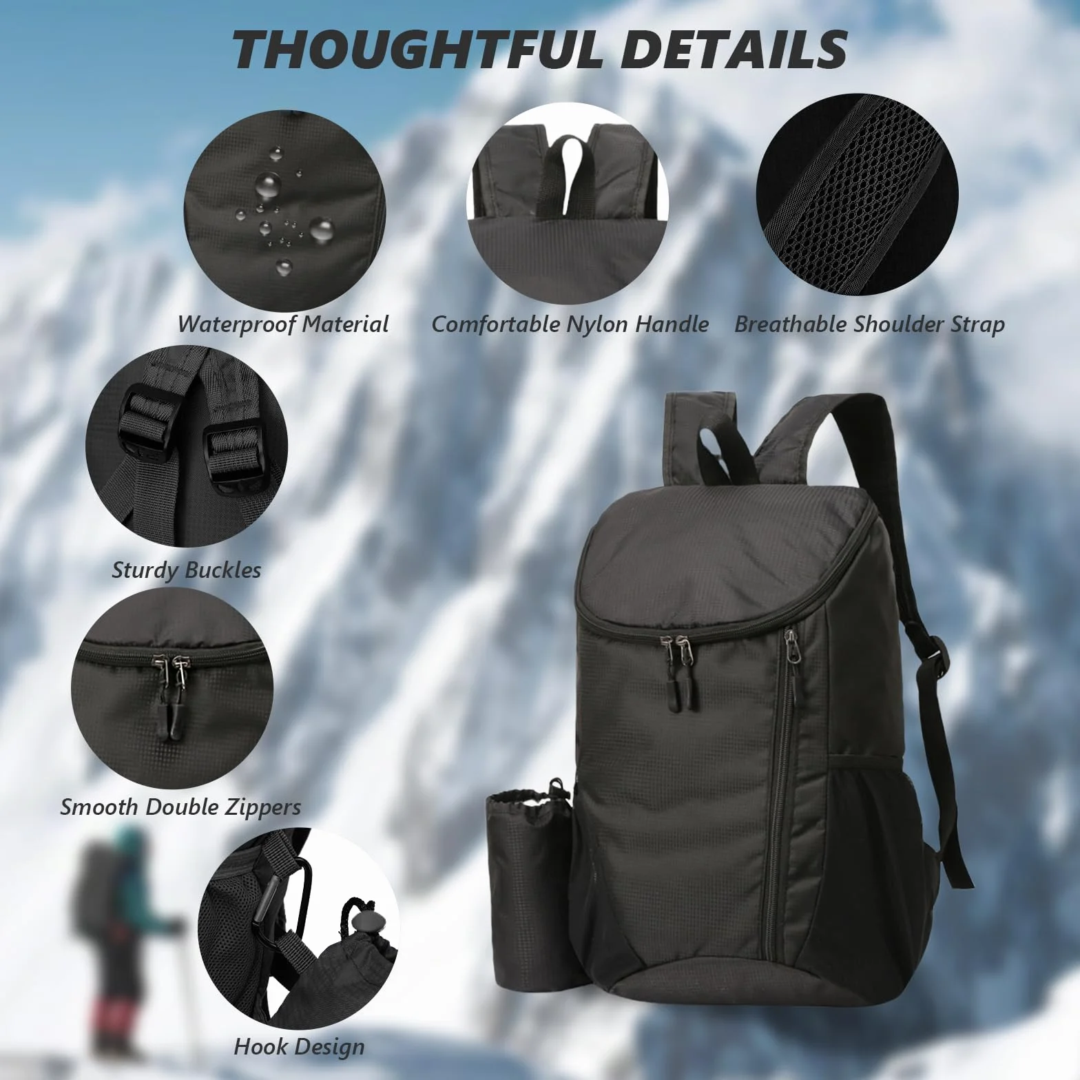 flintronic Mochila Plegable Ultraligera de Senderismo Impermeable, Trekking Viaje Campamento Negro