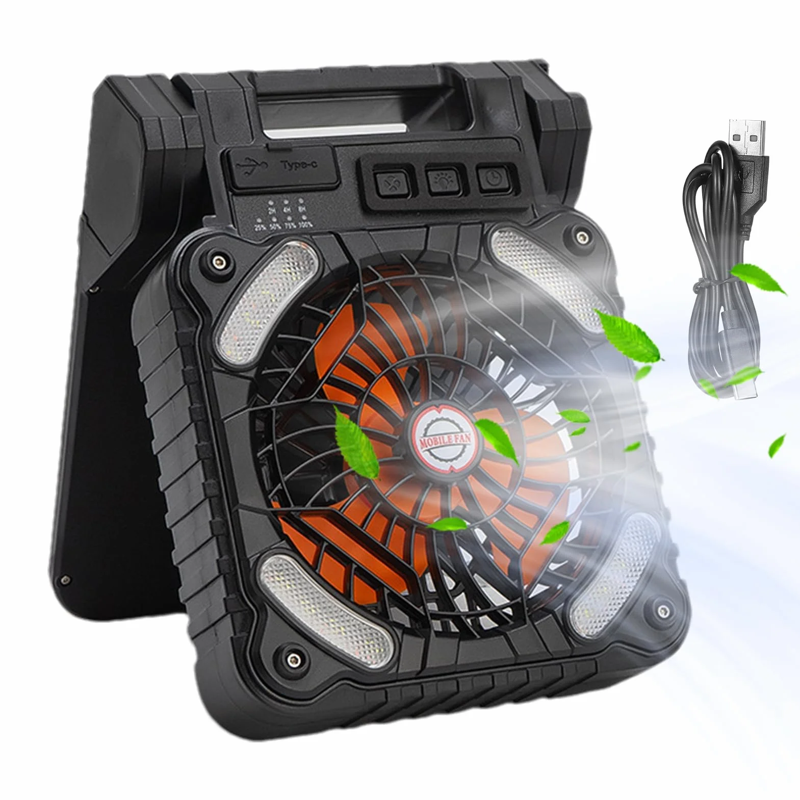 Ventilador Solar Portátil LED con 4 Velocidades y 3 Brillos, Batería de 100, para Acampar