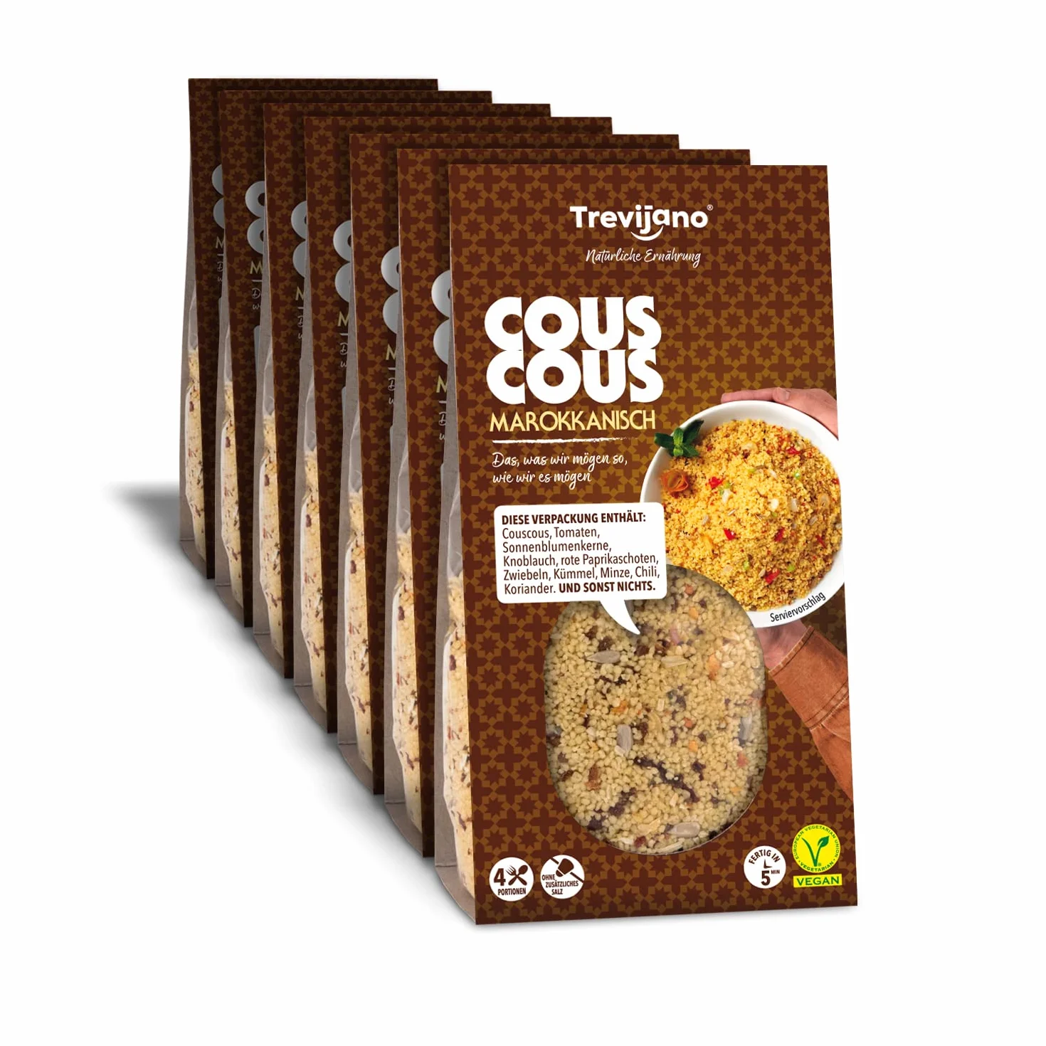 Cous Cous Trevijano - Pack de 7 Bolsas (300 g cada una) - Vegano - No Requiere Refrigeración - Larga Vida Útil - Listo en 5 minutos