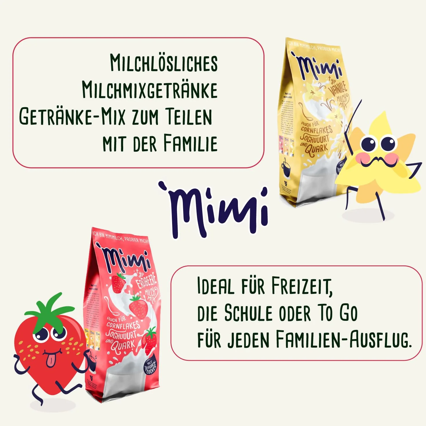 Mimi - Pack de 8 mezclas de leche en polvo (2 paquetes de 400 g cada uno), diseño de plátano, fresa, mango y vainilla, ideal para el tiempo libre, la escuela o para llevar para cualquier excursión