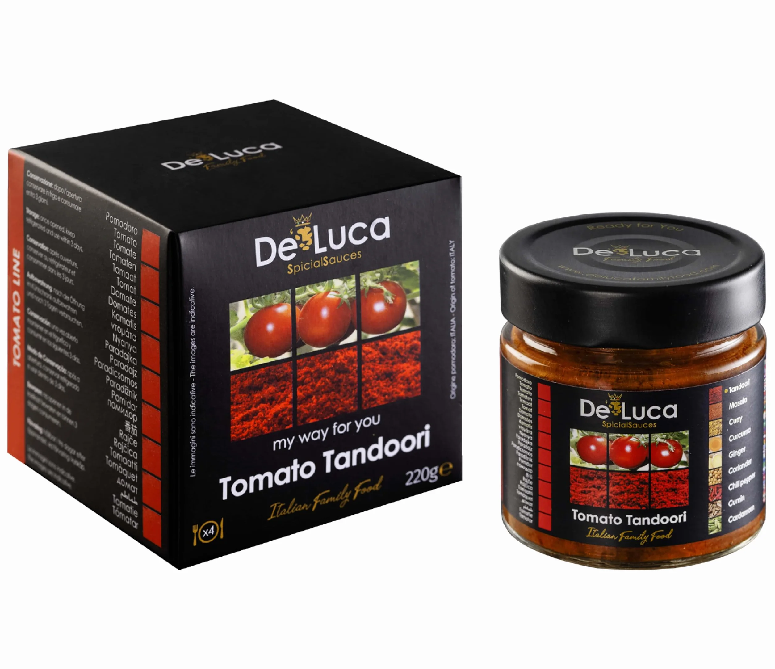 De Luca Family Food: 5 salsas Made in Italy, especiadas y listas para usar. Tomato 220gr, Tomato Tandoori 220gr, Olives Tomato 220gr, Zucchini 210gr, Mushrooms 210gr. Vegetarianos.