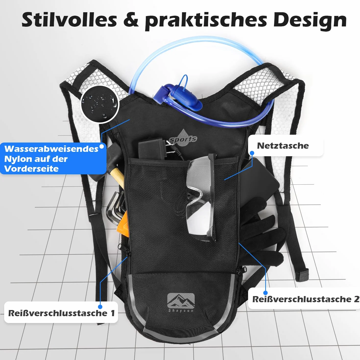 Mochila de hidratación 2 litros ligera transpirable 3 bolsillos correas hombro reforzadas senderismo correr ciclismo