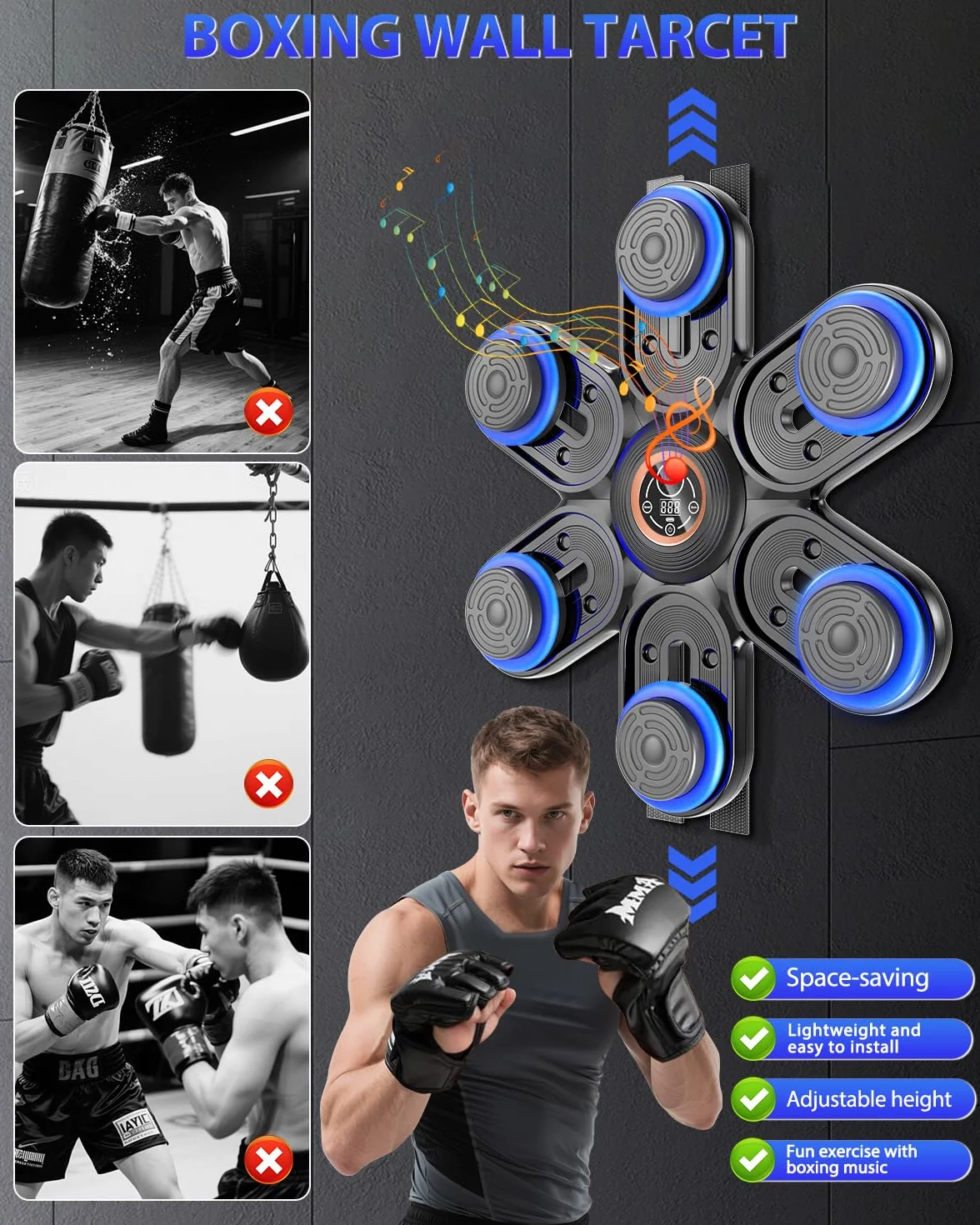 Holilo Máquina de Boxeo Musical, Maquina Boxeo Musical Pared con LED y Bluetooth, 9 Modos de Velocidad y Entrenamiento, Contador de Golpes, Guantes para Adultos y Niños
