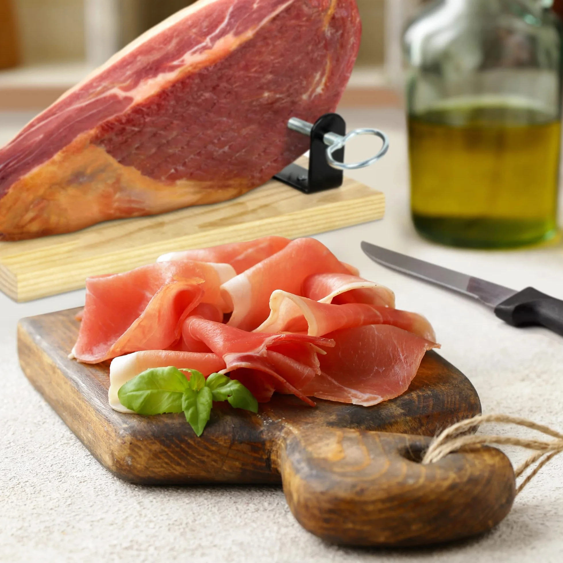 Jamón Serrano Curado Deshuesado + Jamonero + Cuchillo Version Mini de 1 Kg