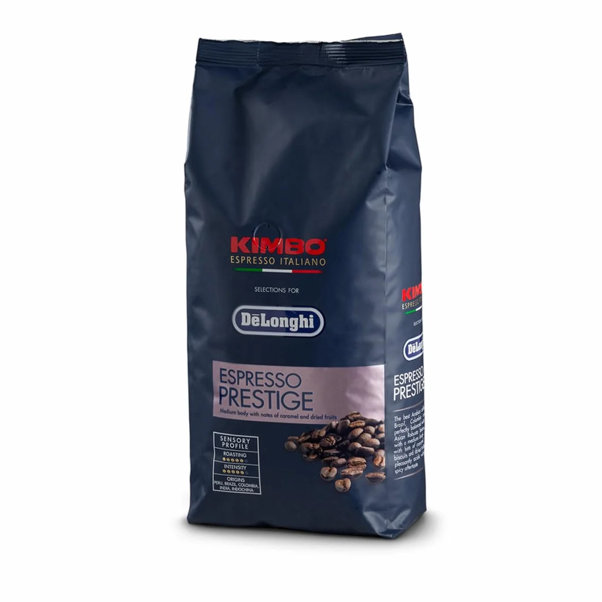DeLonghi Kimbo Café en Grano Natural 1kg Espresso Prestige para Moler y para Cafetera Superautomática - Café de Tueste Medio Alto 65% Arábica y 35% Robusta - Intensidad 5/6, Aroma 4/6 y Sabor Suave