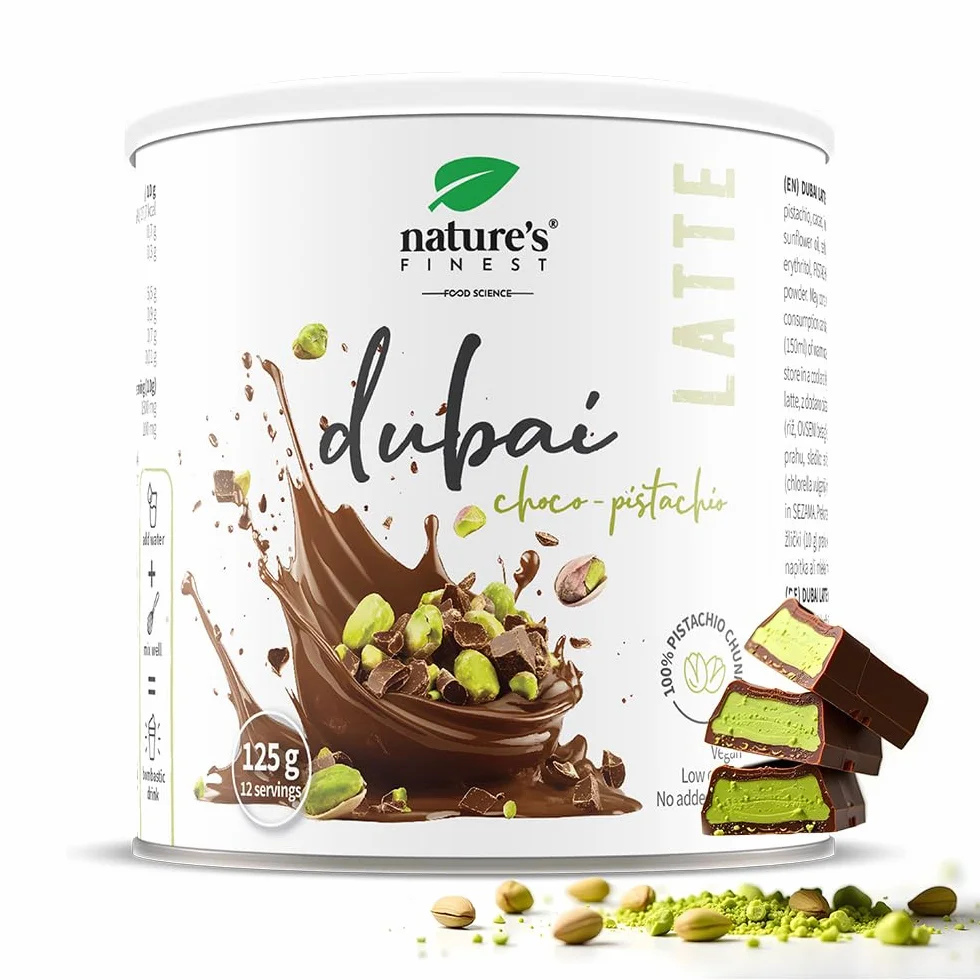 Nature's Finest Dubai Latte Mix con Pistacho, Cacao, Inulina y Clorella, 125 g - Bebida Vegana sin Azúcar Añadido - Apoyo Digestivo y Detox Natural - Bajo en Calorías, Apto para Dietas Keto y Low Carb