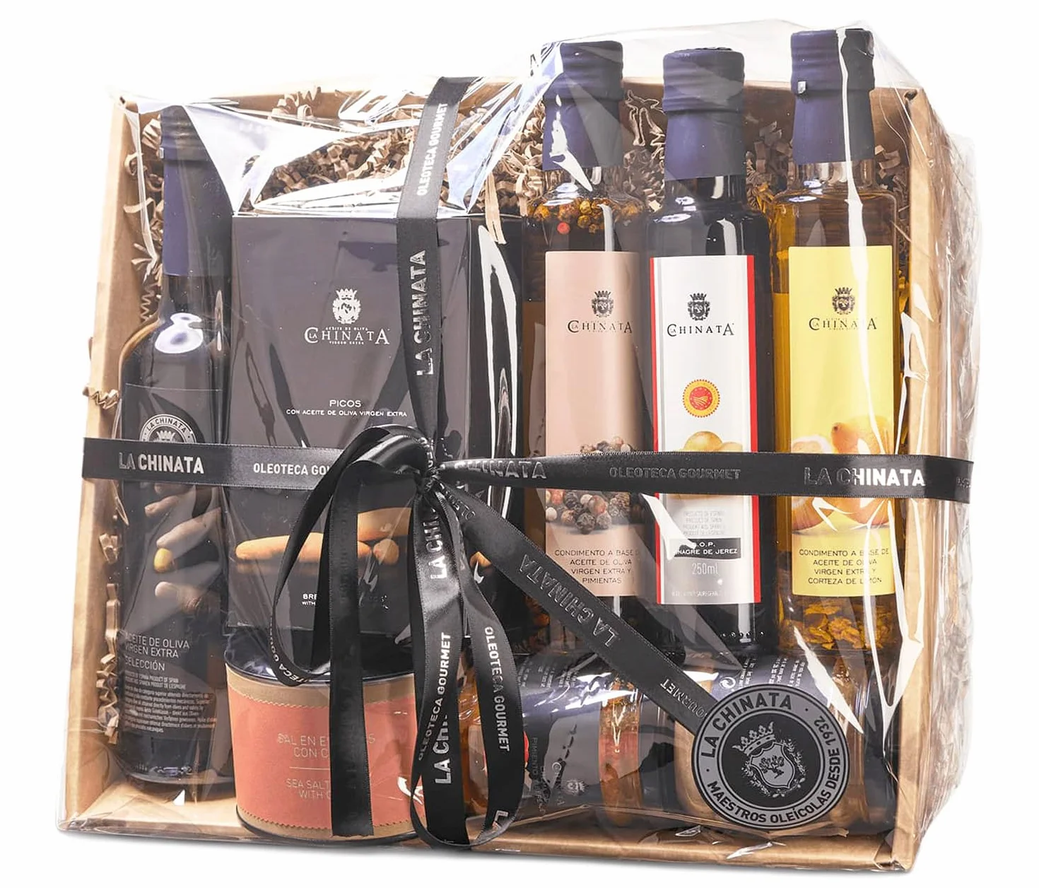 La Chinata Cesta Gourmet Mediana Nº1 Aceite de Oliva Virgen Extra Vinagre de Jerez D.O. Pack Regalo
