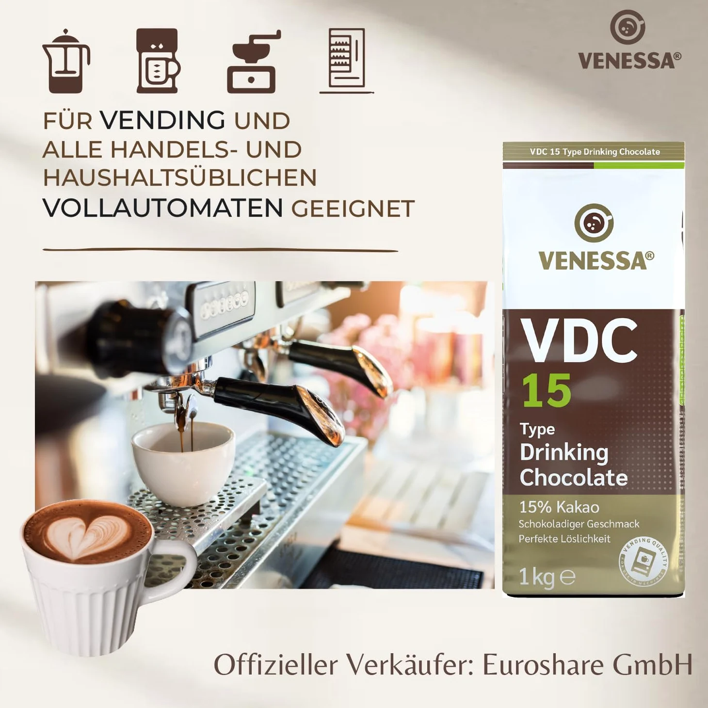 Venessa VDC 9 - Chocolate para beber (5 x 1 kg, 9% de cacao y leche, cacao en polvo para gastro, máquinas expendedoras, ligeramente dulce, agradable