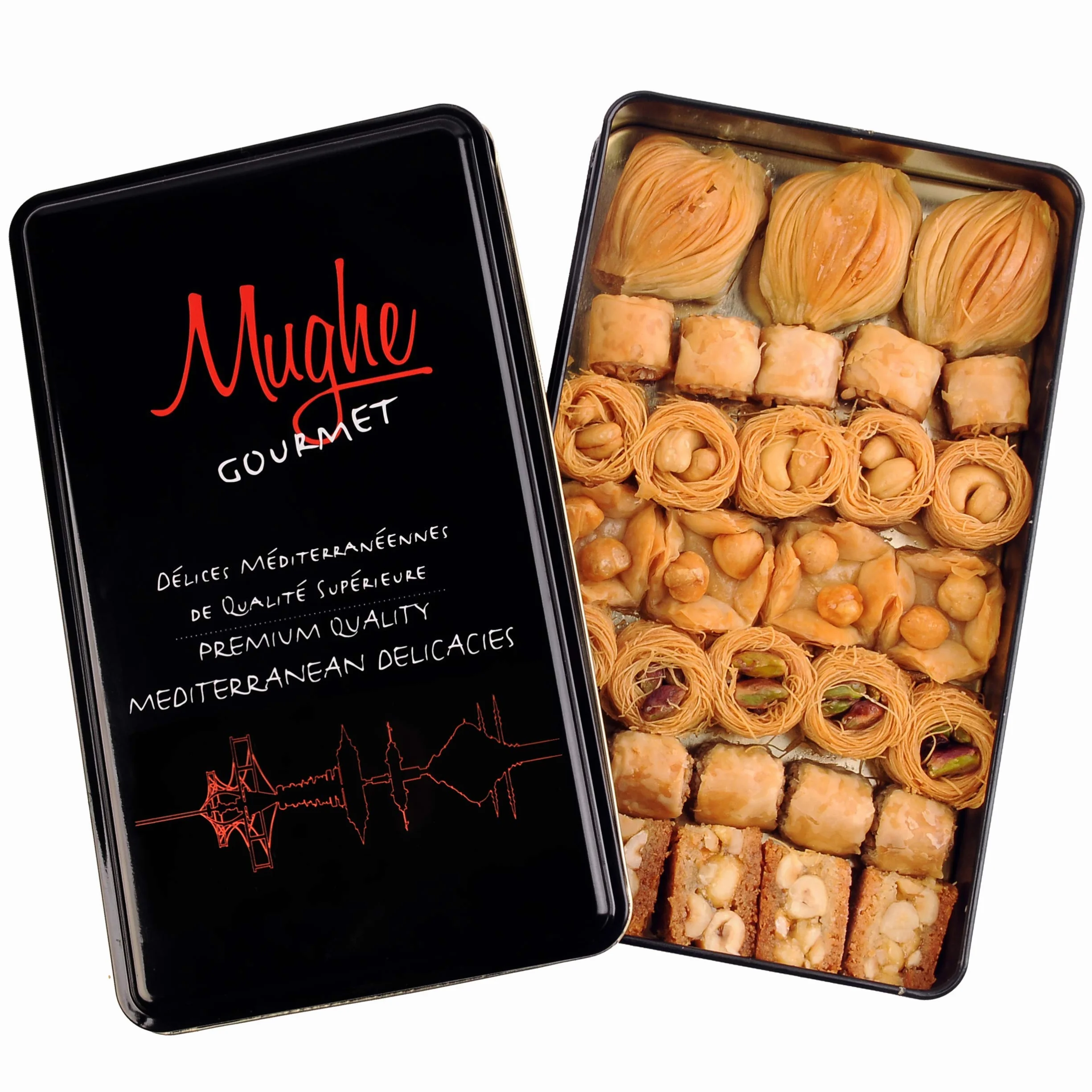 Mughe Gourmet - Caja de regalo elegante de surtido de postres de baklava - 500g/1.1lbs - Baklavas pistacho, anacardo, avellana en tamaño bocado - Dulces de baklawa perfectos para cumpleaños, Navidad