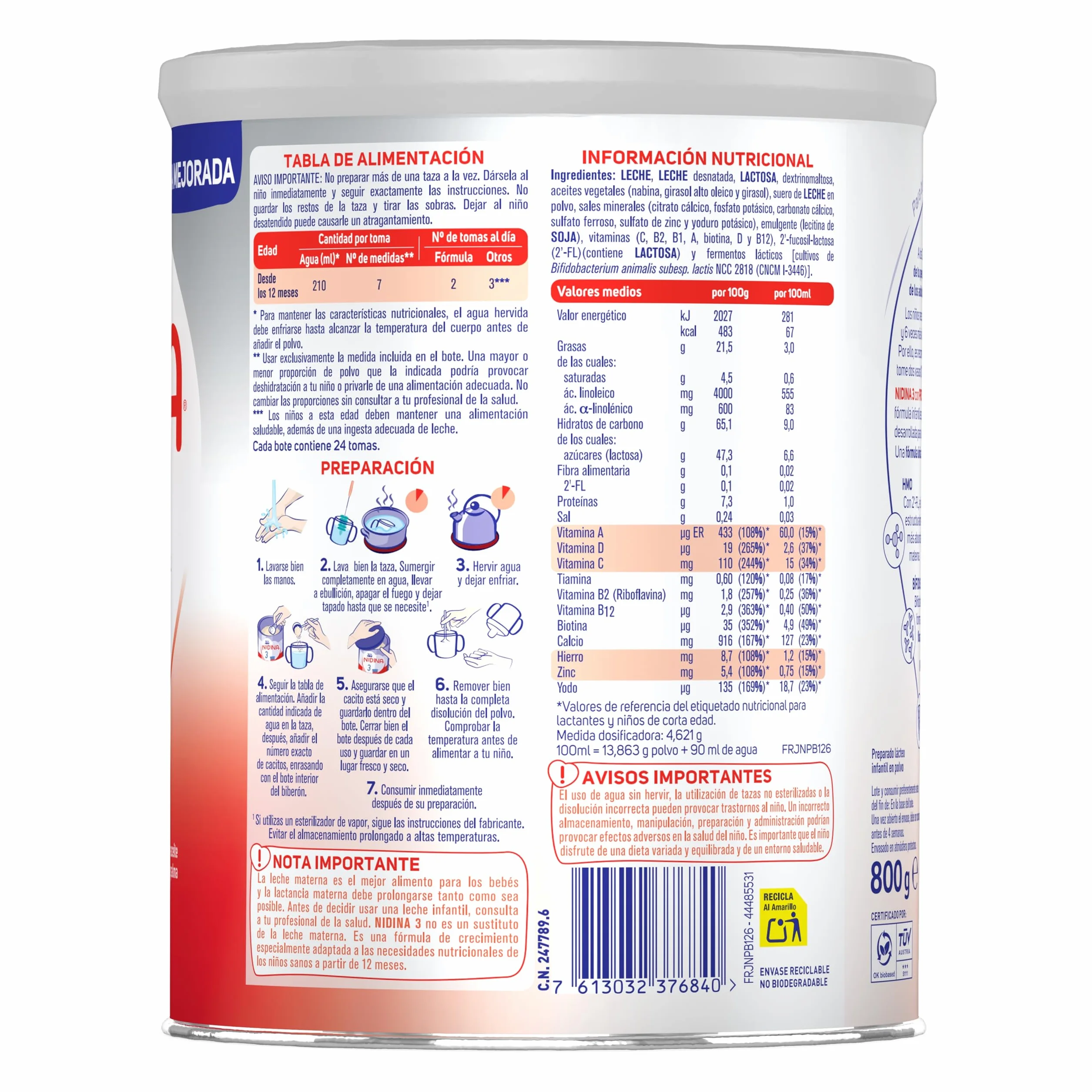 Nestlé NIDINA 3 Leche de crecimiento en polvo para bebés a partir de 12 meses, 3 x 800g