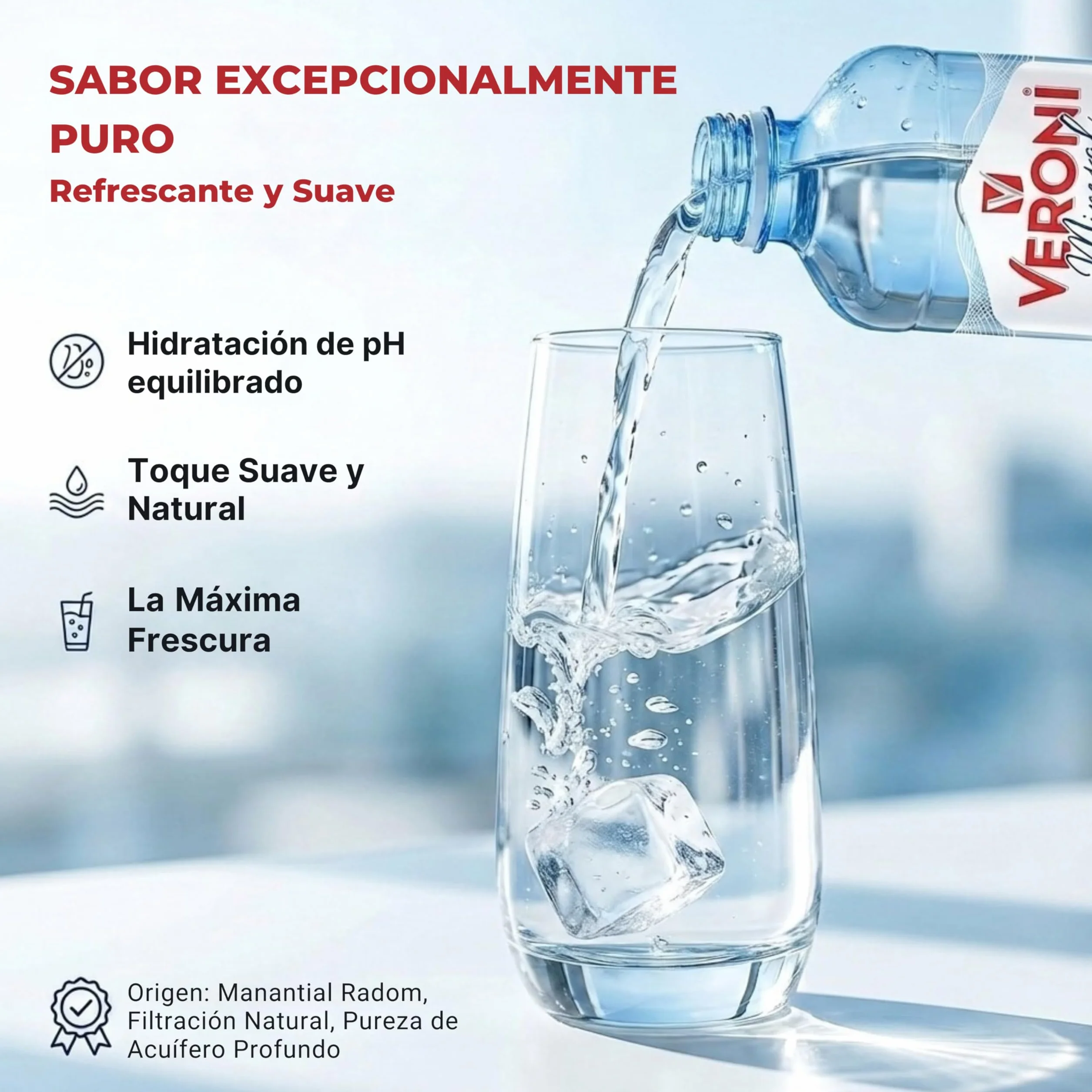 Agua mineral natural Veroni, 6 botellas de PET de 1,5 litros - Agua mineral procedente de un manantial a 201 metros de profundidad en Radom, Polonia.