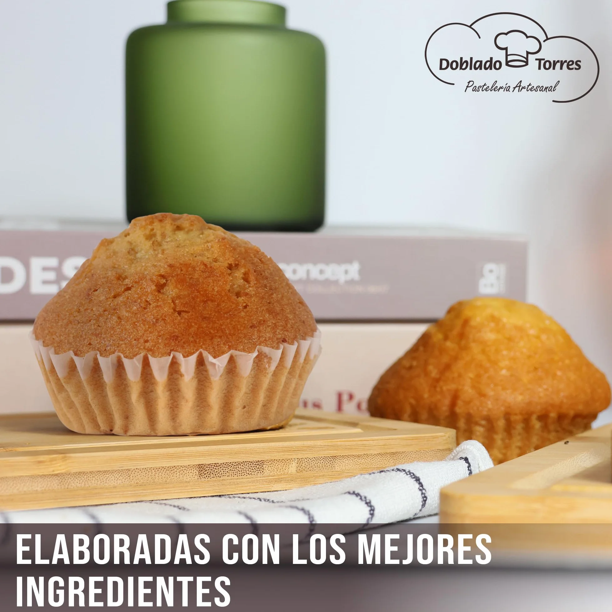 Doblado Torres Magdalenas Integral Sin Azúcar - Magdalenas Caseras con Huevos Frescos. Bollería Sin Azúcar. Ideal para un Desayuno Saludable. Envasadas Individualmente 24 unidades