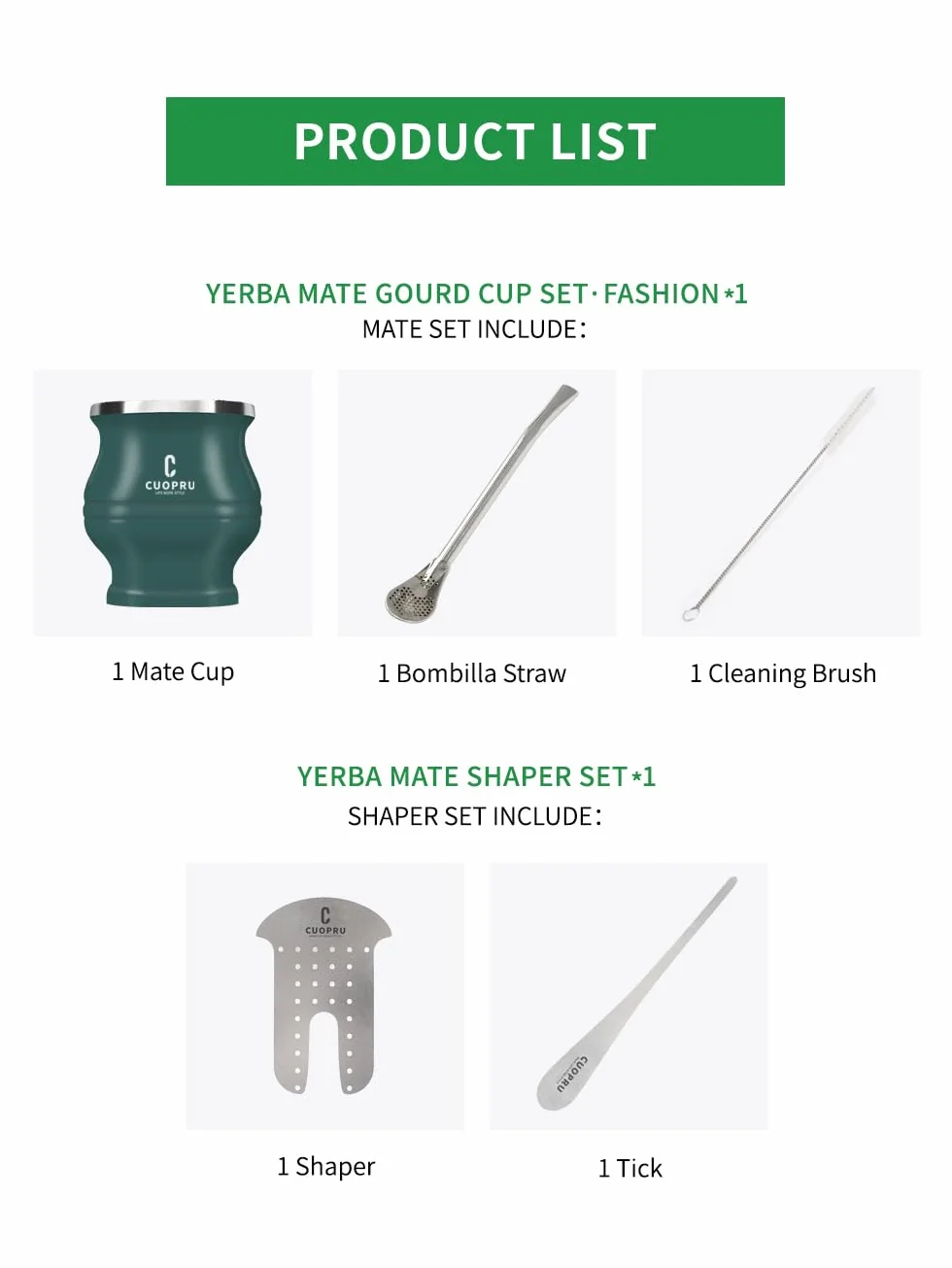 Cuopru Juego de taza y juego de yerba mate de acero inoxidable, 6.7 onzas, verde militar, diseño moderno