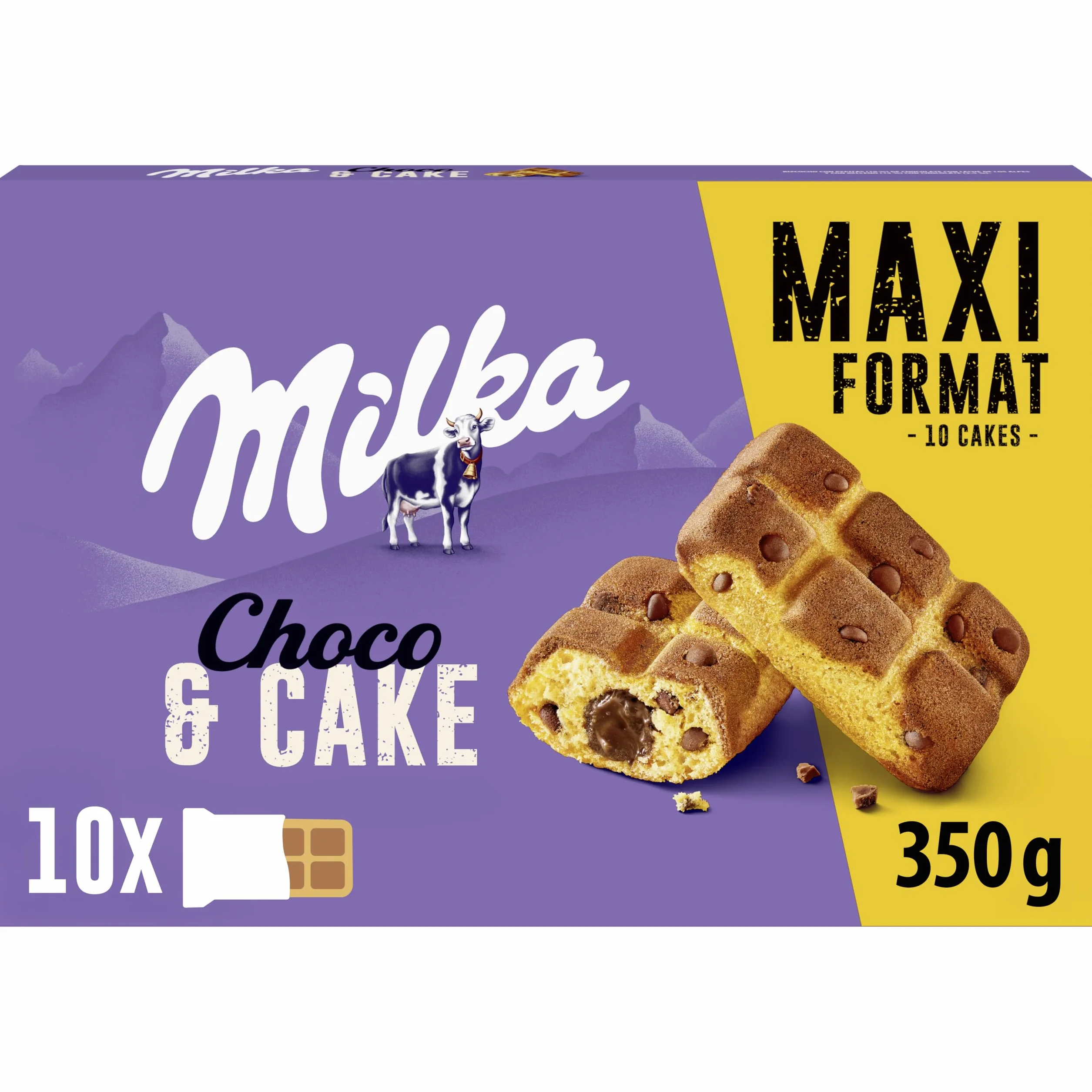 Milka Cake & Choc Bizcocho con Pepitas de Chocolate con Leche de los Alpes y Relleno de Chocolate, Formato Familiar 350g