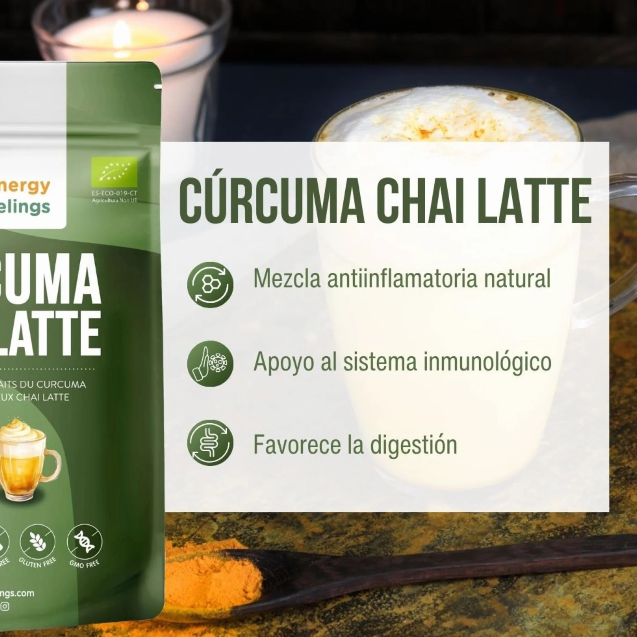 Energy Feelings Cúrcuma Chai Latte Ecológico 500 gr, Cúrcuma en Polvo con Jengibre y Pimienta, Apto para Veganos, Sin Lactosa, Sin Gluten