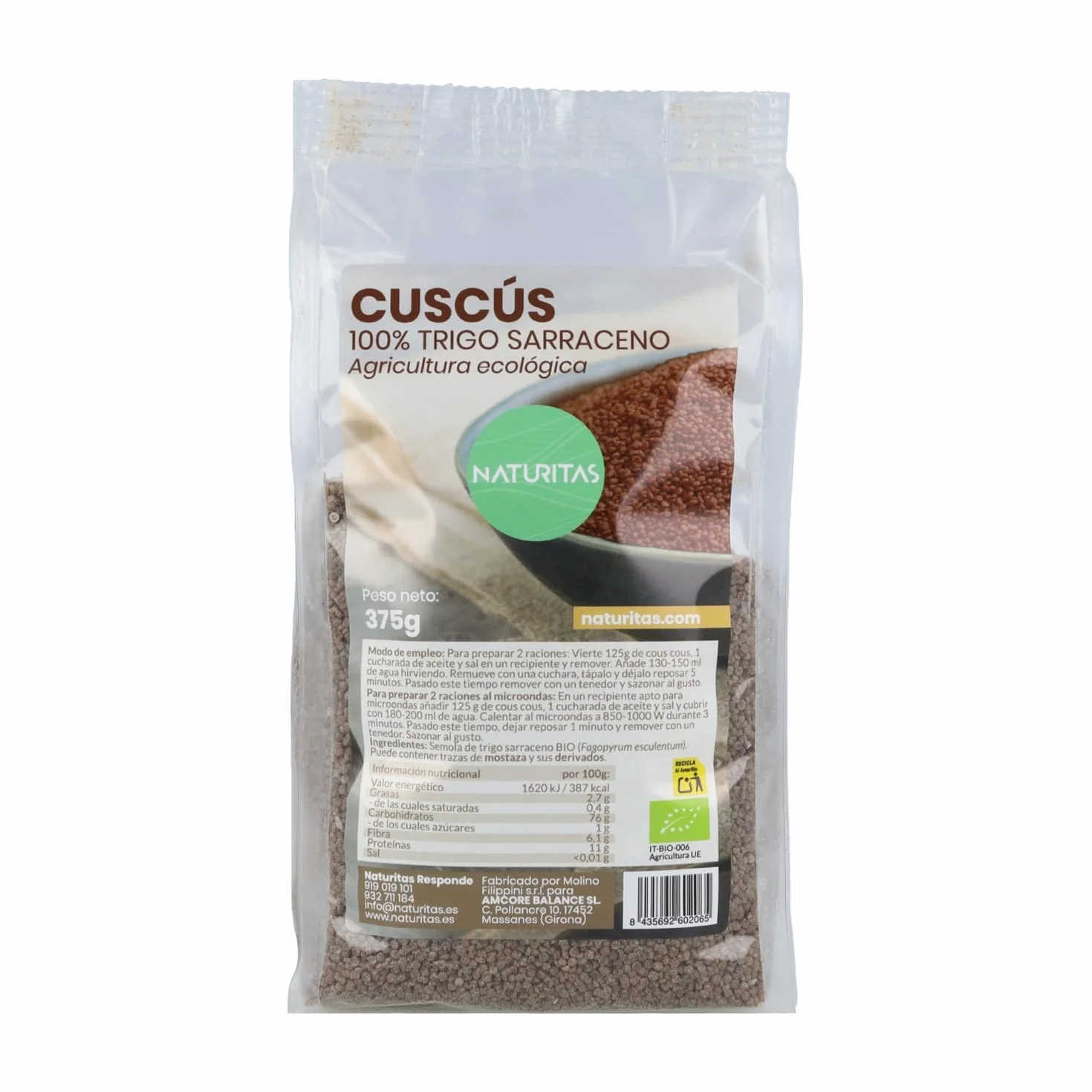 Cuscús de trigo sarraceno BIO | 375 g | Naturitas Essentials | Cous cous de trigo sarraceno Bio | Sin gluten textura ligera | Semola De Trigo