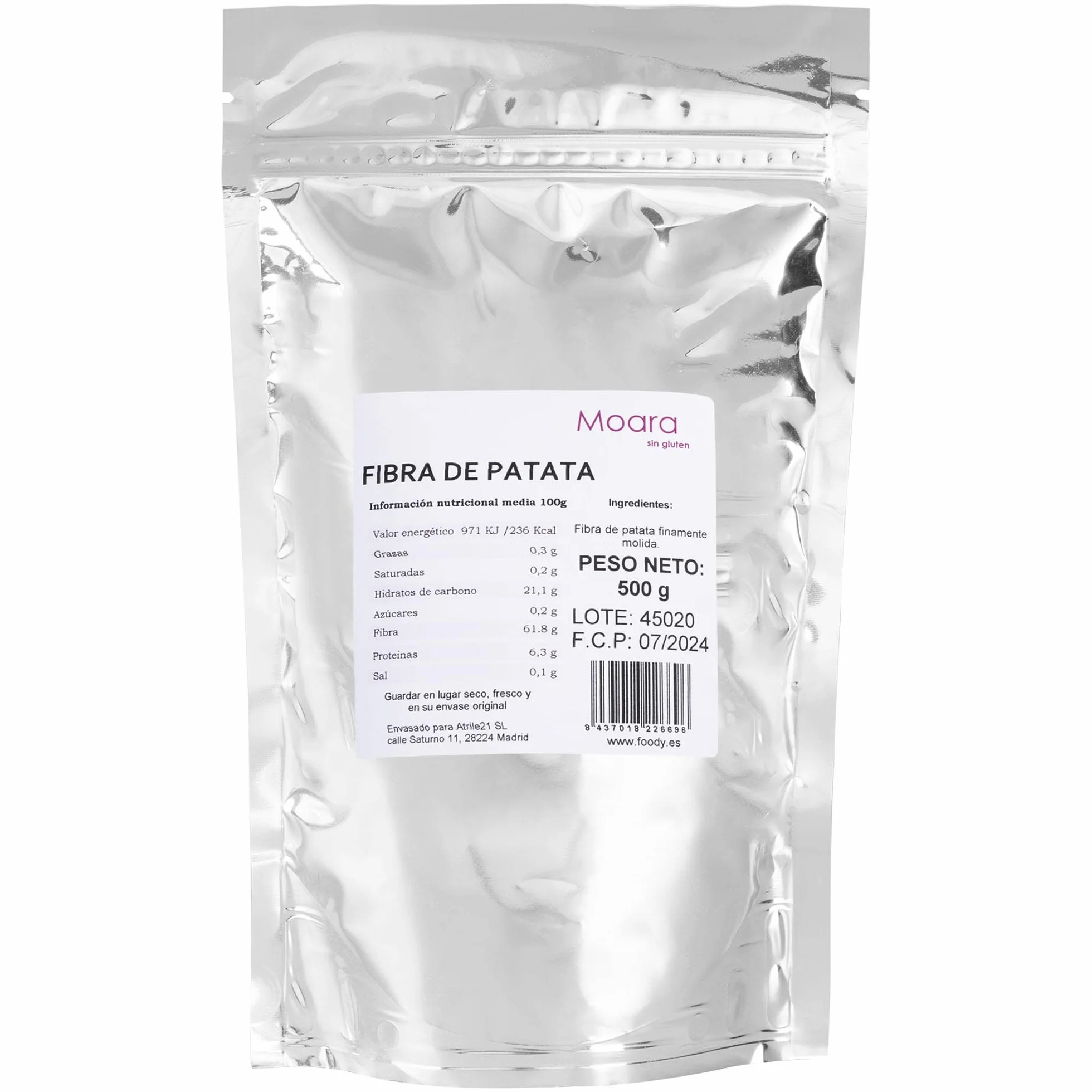 Harina de fibra de patata | Fibra de patata 100% vegana, libre de alérgenos y gluten | Harina sin gluten ideal para repostería y panadería finamente molida, 500g.