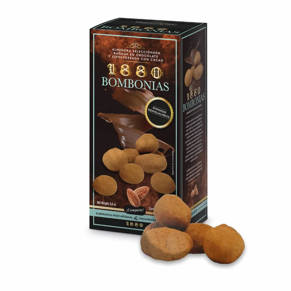 1880 - Bombonias de Almendra Caramelizada recubierta de Chocolate Blanco y espolvoreadas de Cacao | Envoltorio Individual | Calidad Suprema Snack de Turrón 160G