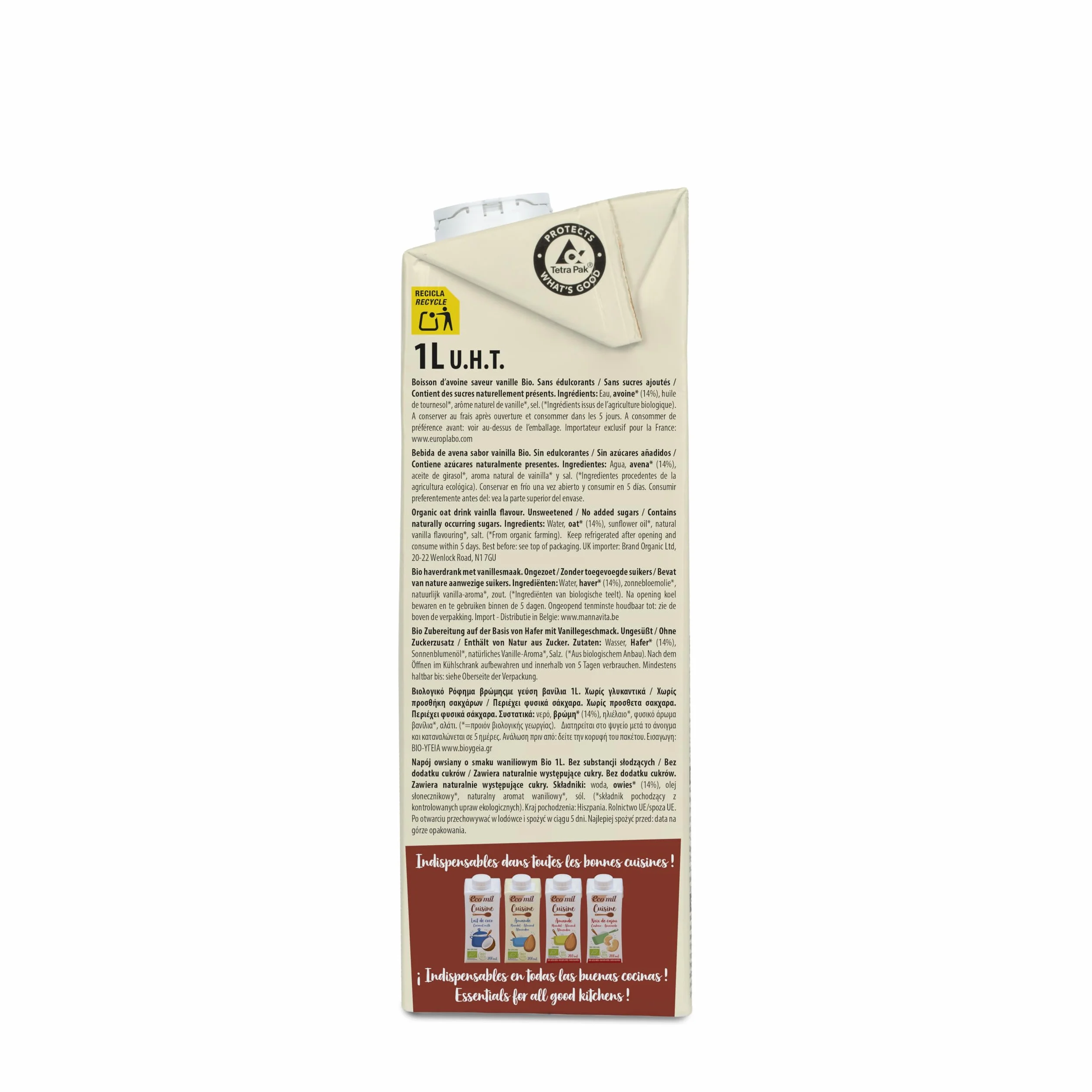Ecomil - Bebida Vegetal de Avena y Vainilla Bio, Pack 6 x 1 L, Sin Azúcares Añadidos, Ecológica y Vegana, Lista para Consumir, Sabor Suave y Natural