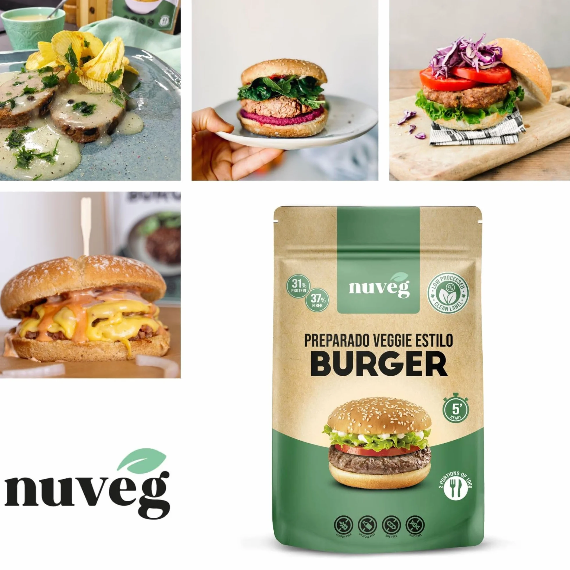 NUVEG Preparado Veggie para Hamburguesa Vegetal, Dieta Vegana y Vegetariana, Alto en Proteínas y Fibra, Sin Gluten y Sin Lactosa, Comida Preparada en Conserva, Fácil y Rápida, Pack 2, 270g