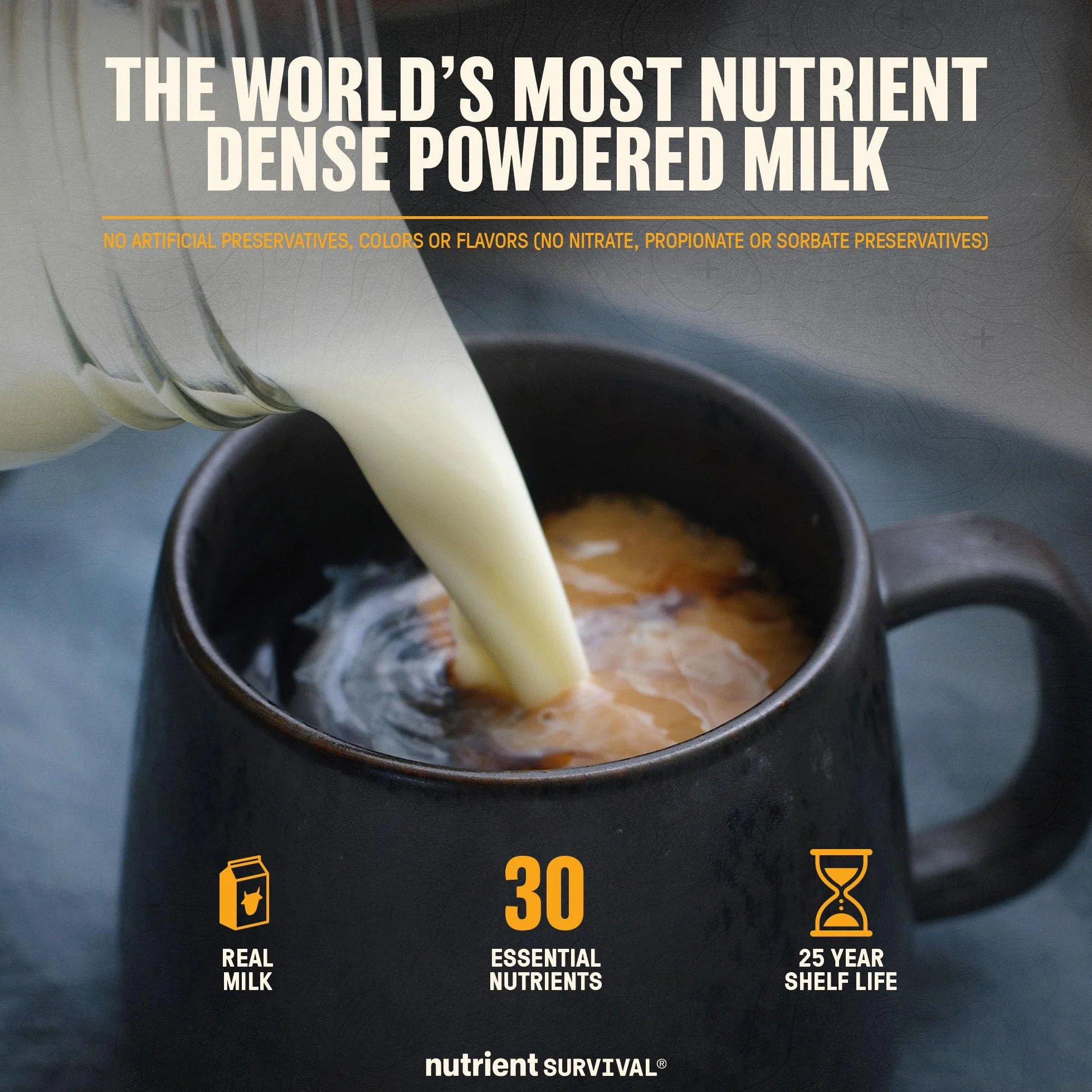 Nutrient Survival Leche en polvo con vitaminas, suministros de preparación liofilizados y suministro de alimentos de emergencia, 21 nutrientes esenciales, sin soja ni gluten, estable hasta 25 años