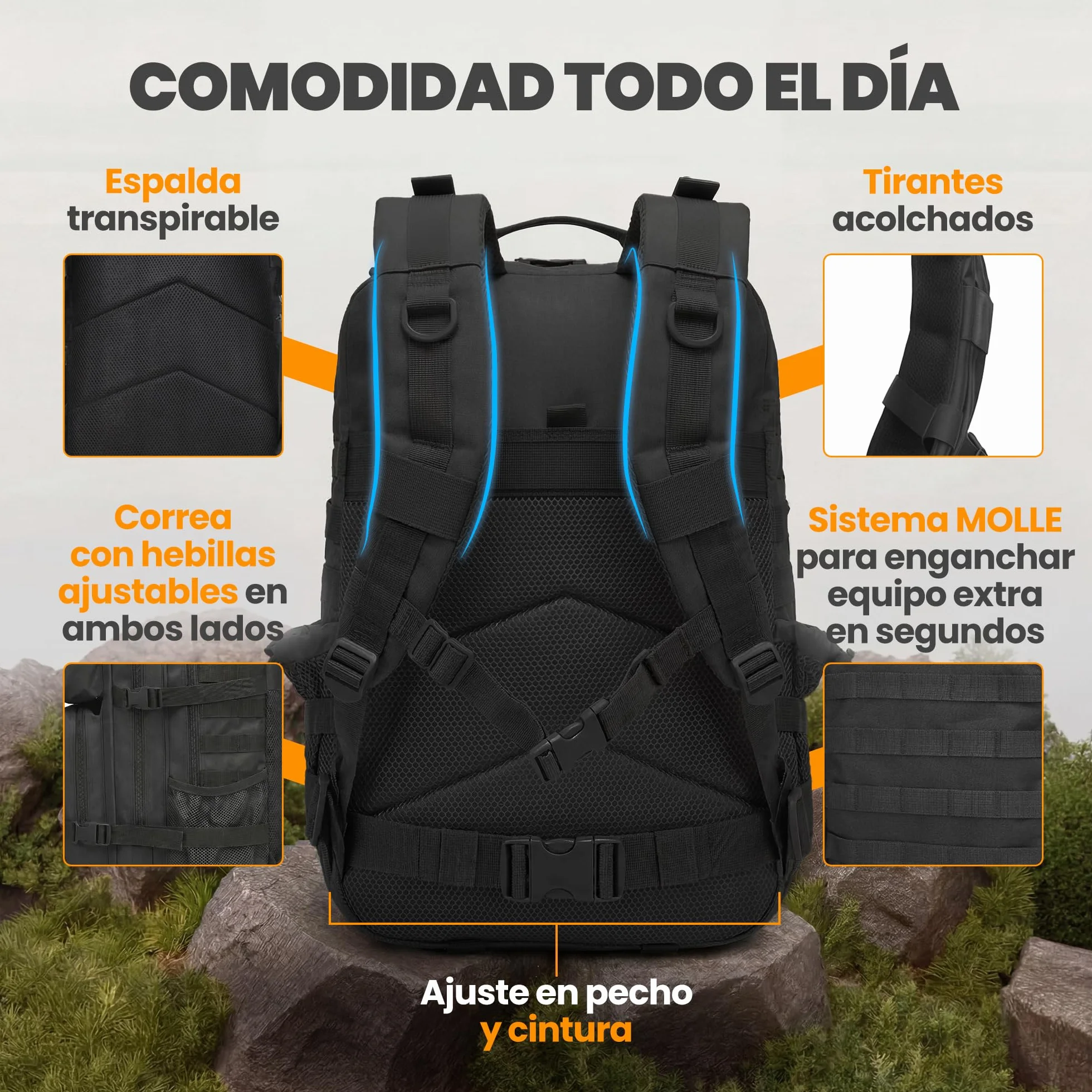 Mochila Táctica Militar 45L Sistema Molle Oxford 900D Negro para Caza Senderismo Viaje Crossfit