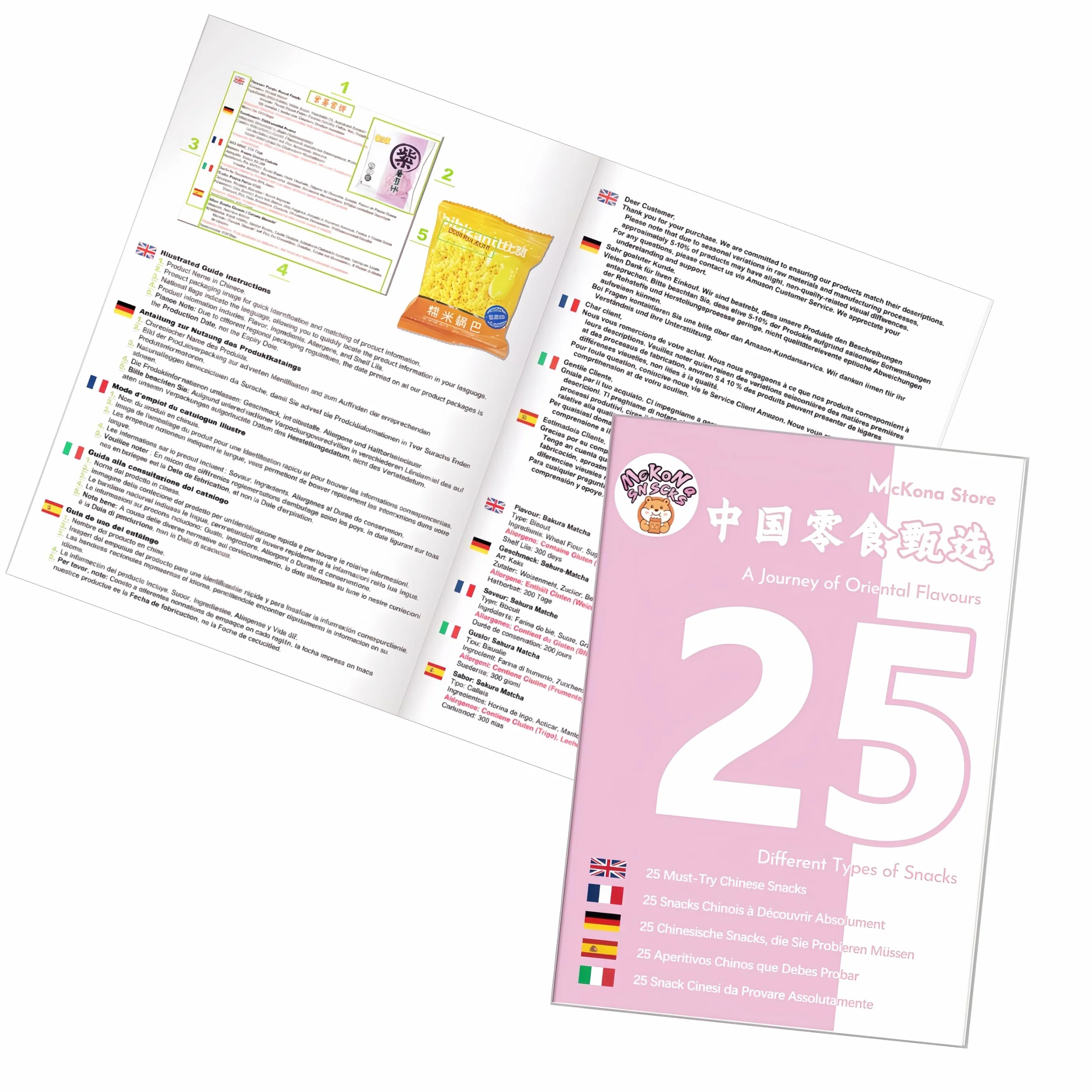McKona-Caja Regalo caja sorpresa XXL de 25 Snacks y Dulces Chinos - Surtido de Galletas, Chocolates y Caramelos Incluye Folleto Informativo - Selección de Golosinas de Todo el Mundo