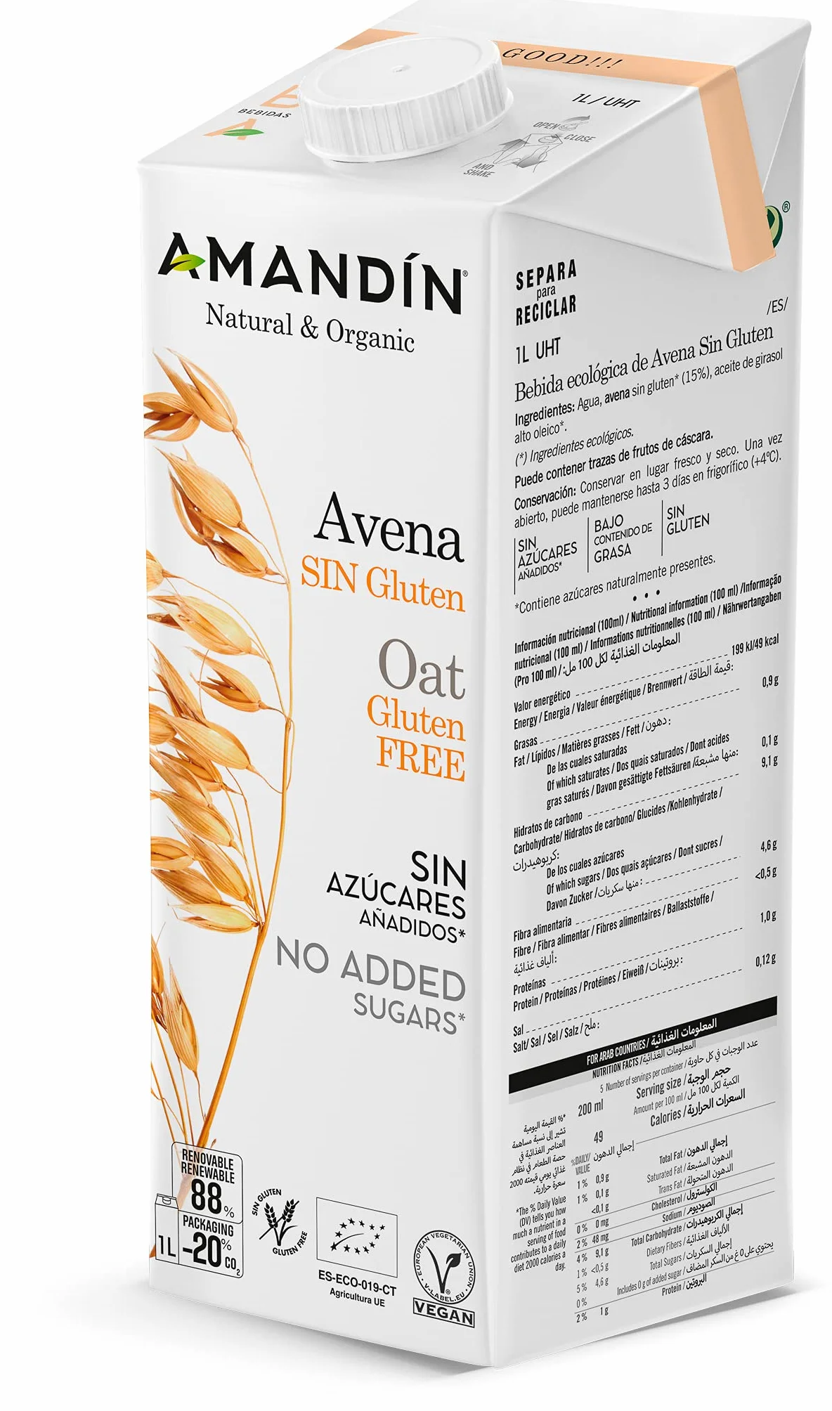Amandin Bebida Ecológica De Avena Sin Gluten 1 L