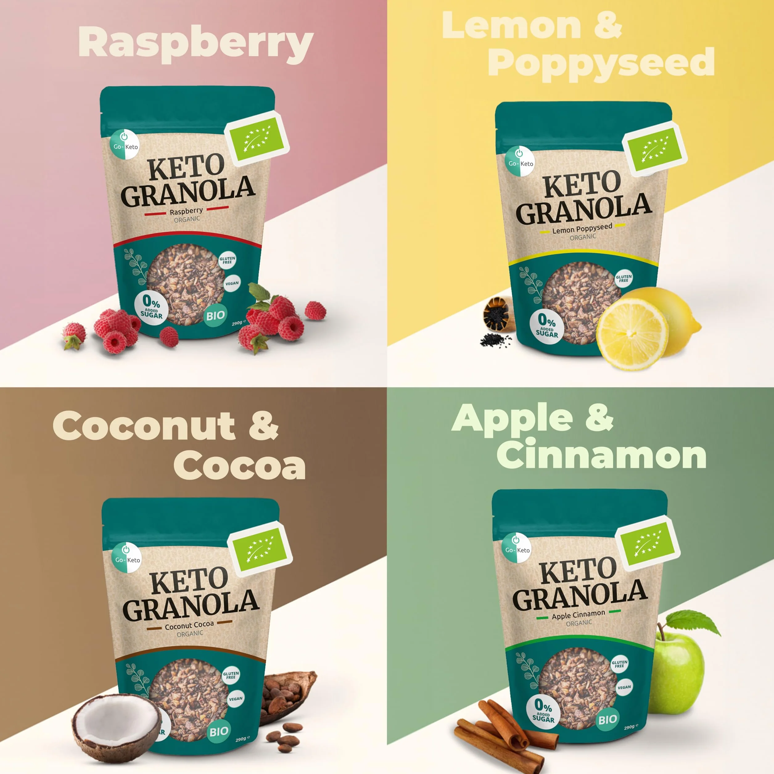 Go-Keto BIO Keto Granola Raspberry 6x 290g - Low Carb Keto Muesli para un delicioso desayuno keto, con chips de coco, nueces, frutas, semillas de girasol y de calabaza, vegan, sin gluten, sin lactosa