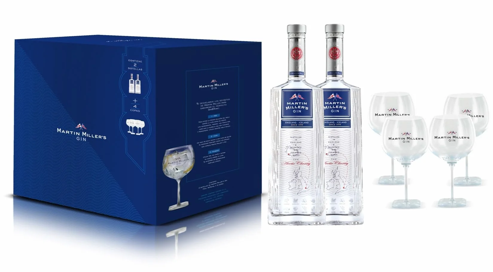 Martin Miller's Ginebra - Pack para Regalo: 2 Botellas de 70 cl + 4 Copas Exclusivas | Para Gin Tonic y Cócteles Sofisticados