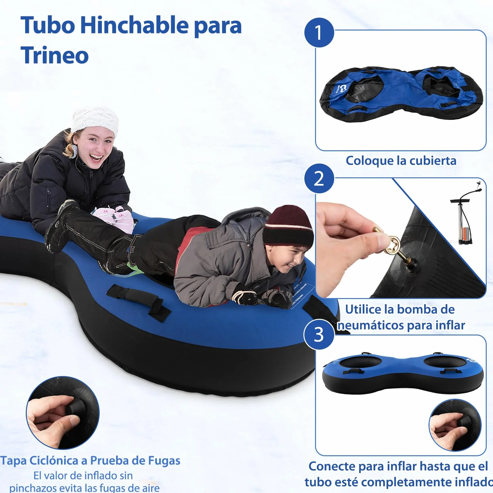 COSTWAY Trineo de Nieve Inflable 200x98 cm, Tubo para 2 Niños y Adultos, Goma