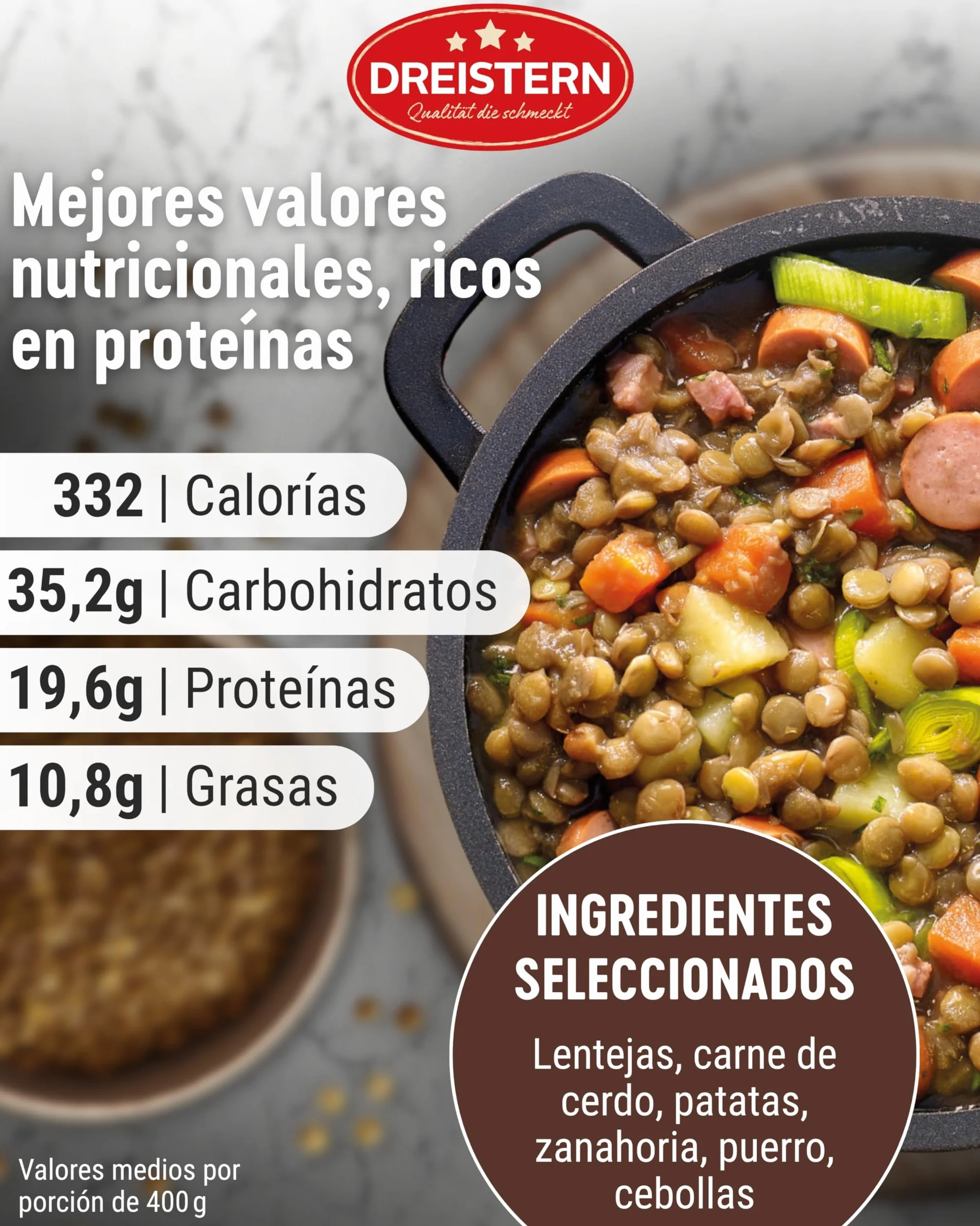 DREISTERN Guiso de lentejas 400 g I Con salchichas vienesas & verduras I Estofado sabroso en lata reciclable I Larga duración gracias a la conservación natural I Calidad casera