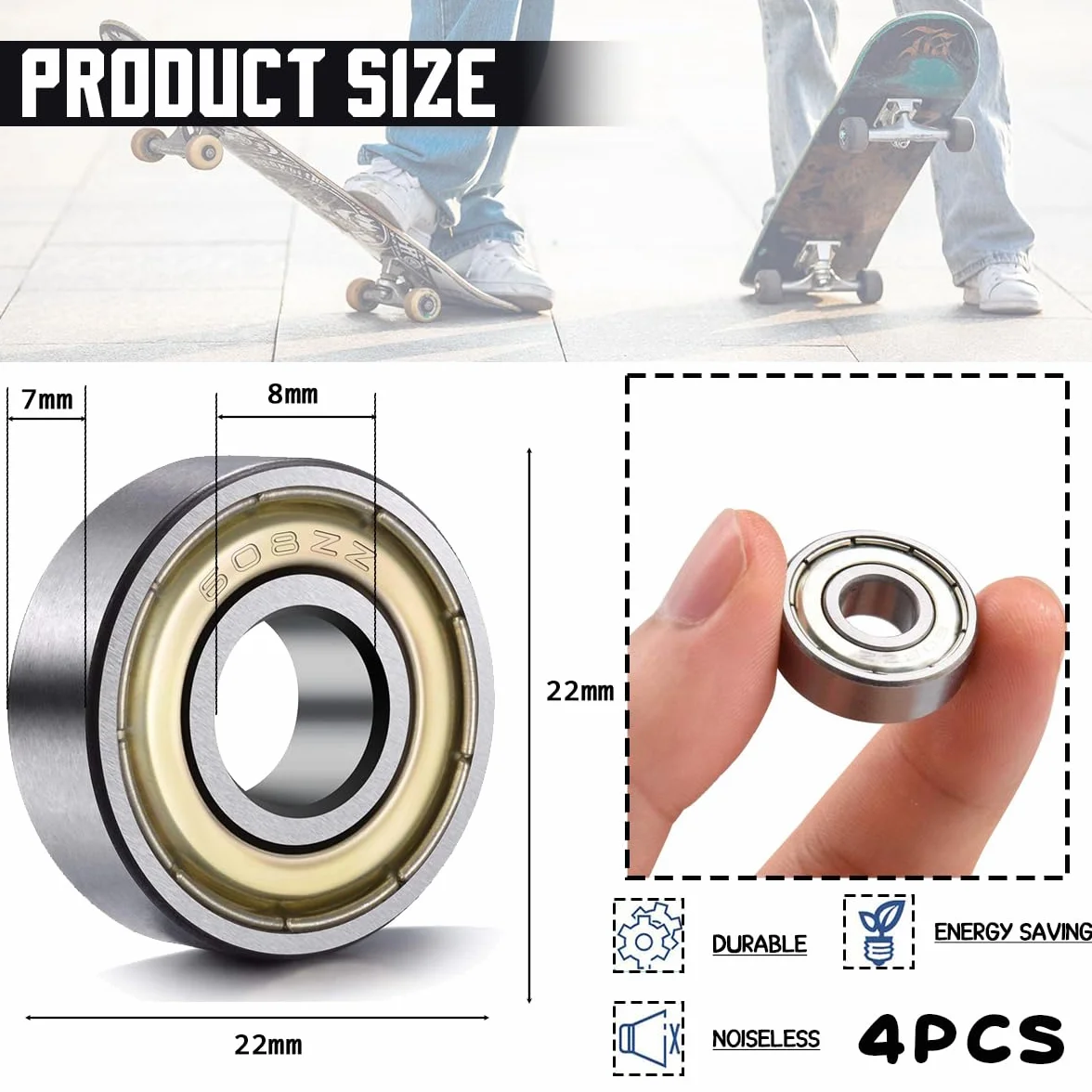 Rodamiento 608ZZ, Rodamientos Skate, Rodamientos De Bolas 608ZZ, 4 Pcs