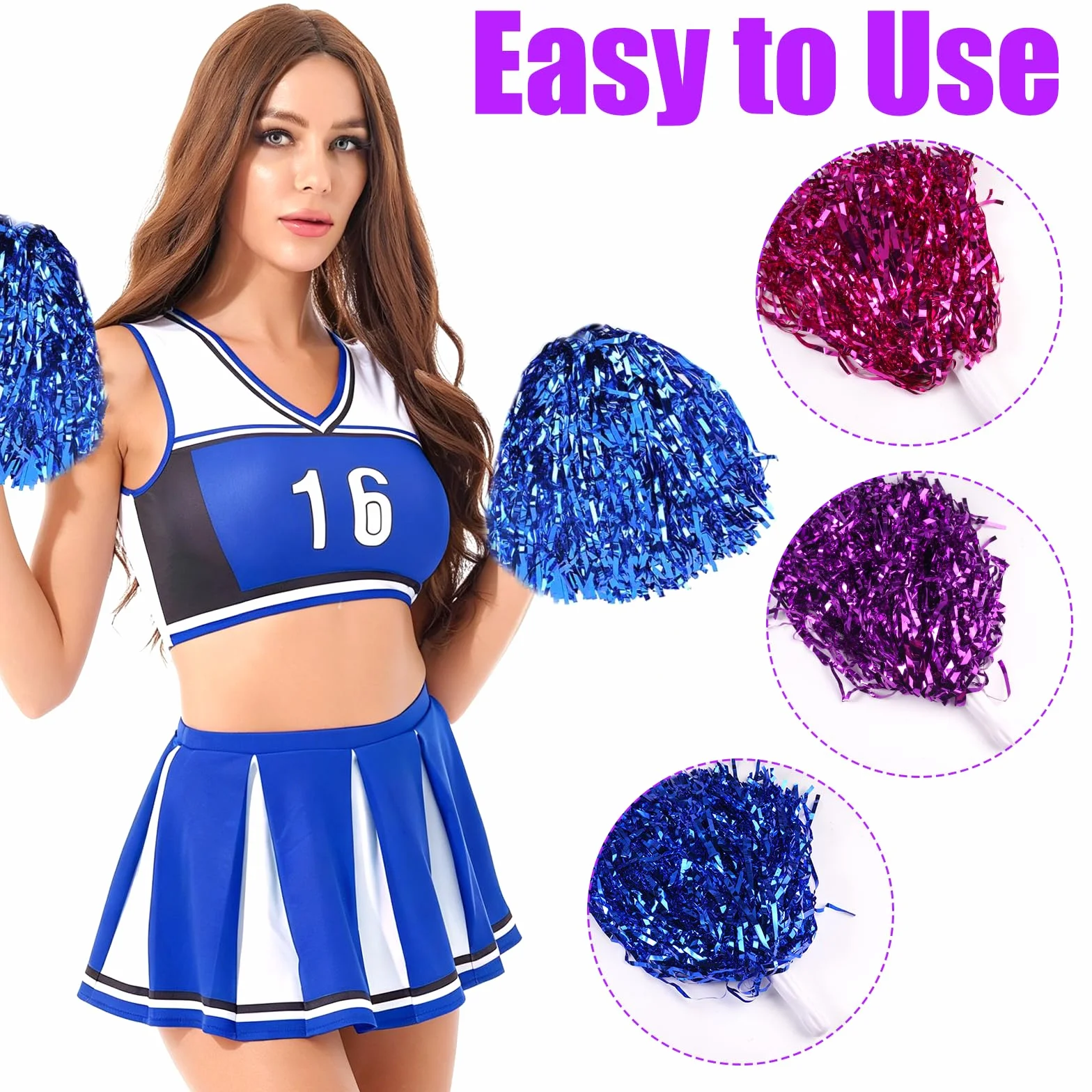 Pompones de Animadora 6 Piezas con Mango Azul/Violeta/Magenta para Eventos Deportivos y Fiestas