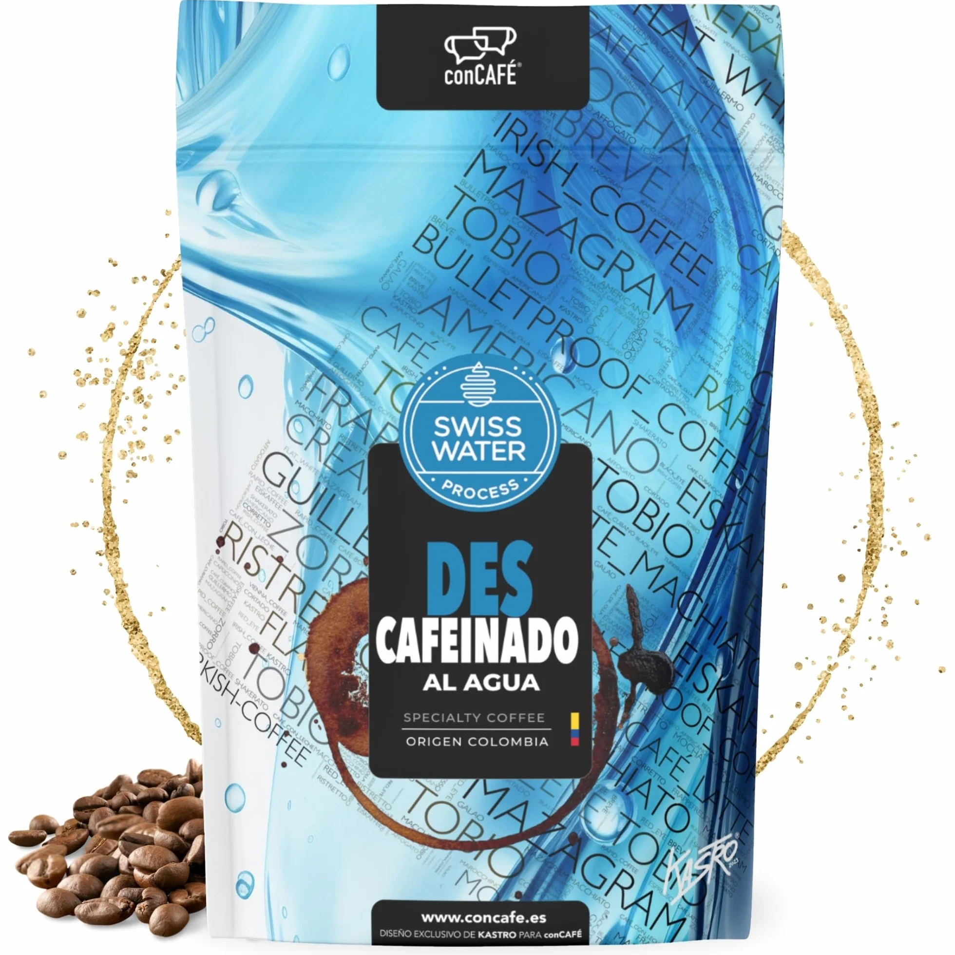 conCAFÉ - Café en grano Descafeinado al agua sin químicos y certificado por Swiss Water | Colombia | 100% Arábica | Specialty Coffee +80 puntos | Tueste Natural y Artesanal | Paquete 500g
