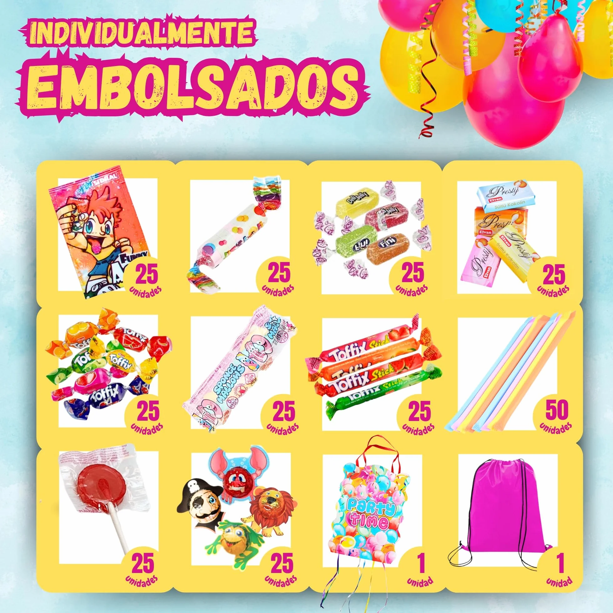 SIDRAL .275 chuches variadas+piñata+mochila para llevar chuches :Cañas y sobres Sidral, chocolate, gominolas, caramelos blandos rellenos gel de frutas - Perfectas para Regalar.