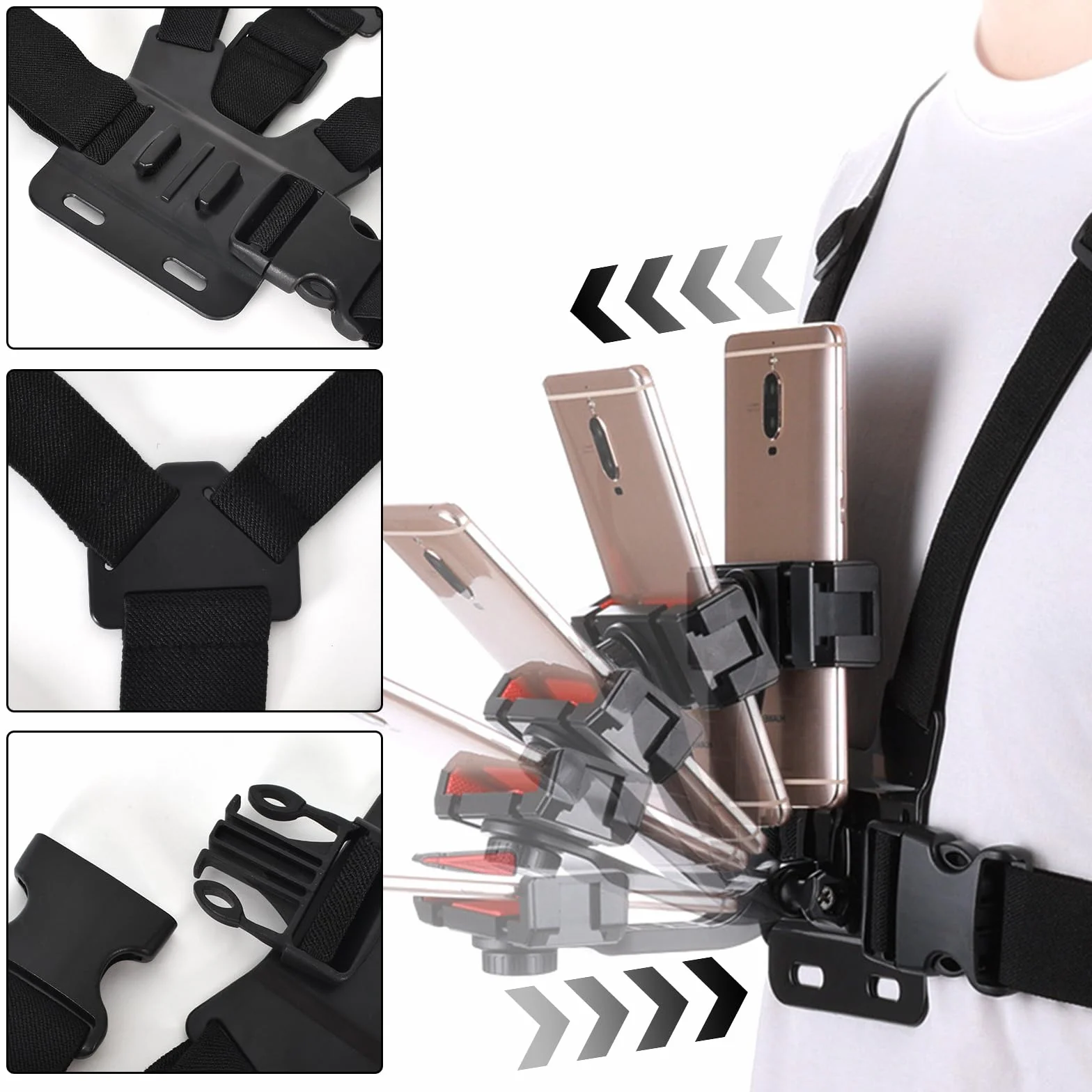 Arnés de Pecho 2 en 1 para Cámara de Acción y Teléfono Celular, Soporte Ajustable para Cámaras Deportivas