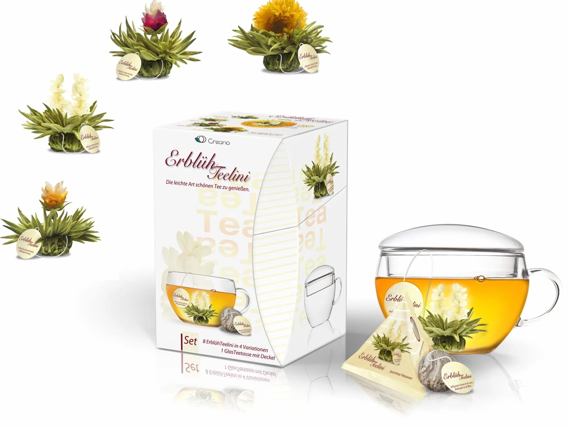 Creano Teelini Flores de Té Blanco 8 uds con Taza de Vidrio 200ml y Tapa – Set de Regalo Completo – Ideal para Mamá y Oficina