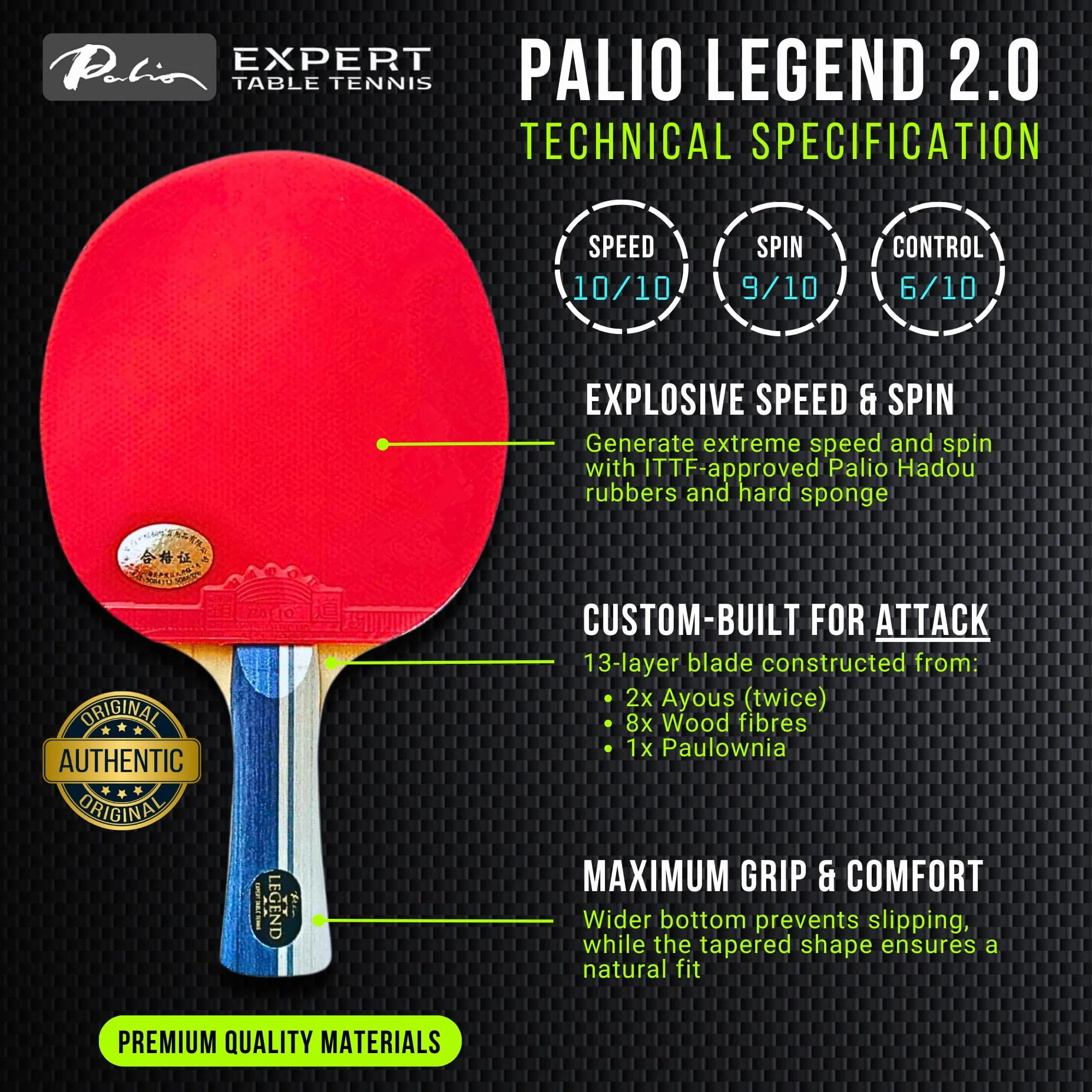 Palio Legend 2.0 Pala de Tenis de Mesa ITTF Avanzada Máxima Potencia Velocidad Giro